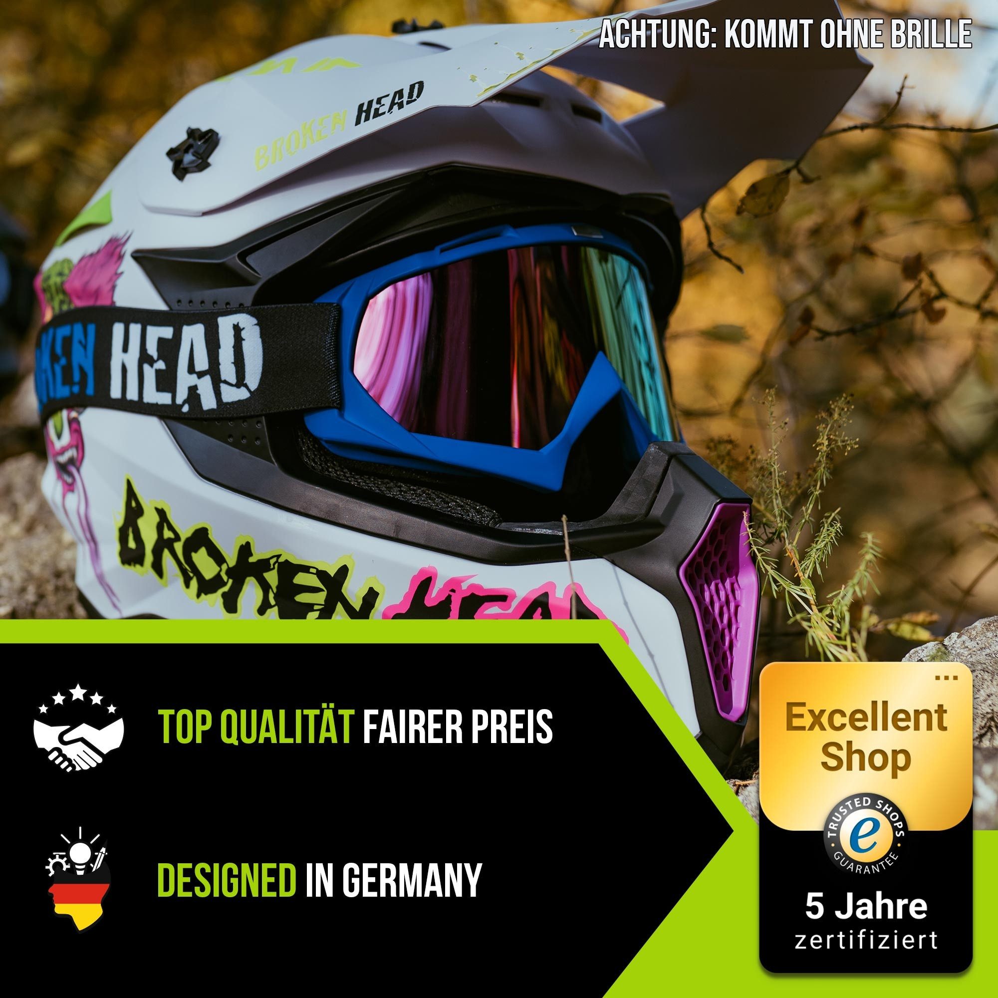 Broken Head Motocrosshelm Broken Head Crosshelm FreakZone Weiss-Pink-Grün, Auffälliges Design
