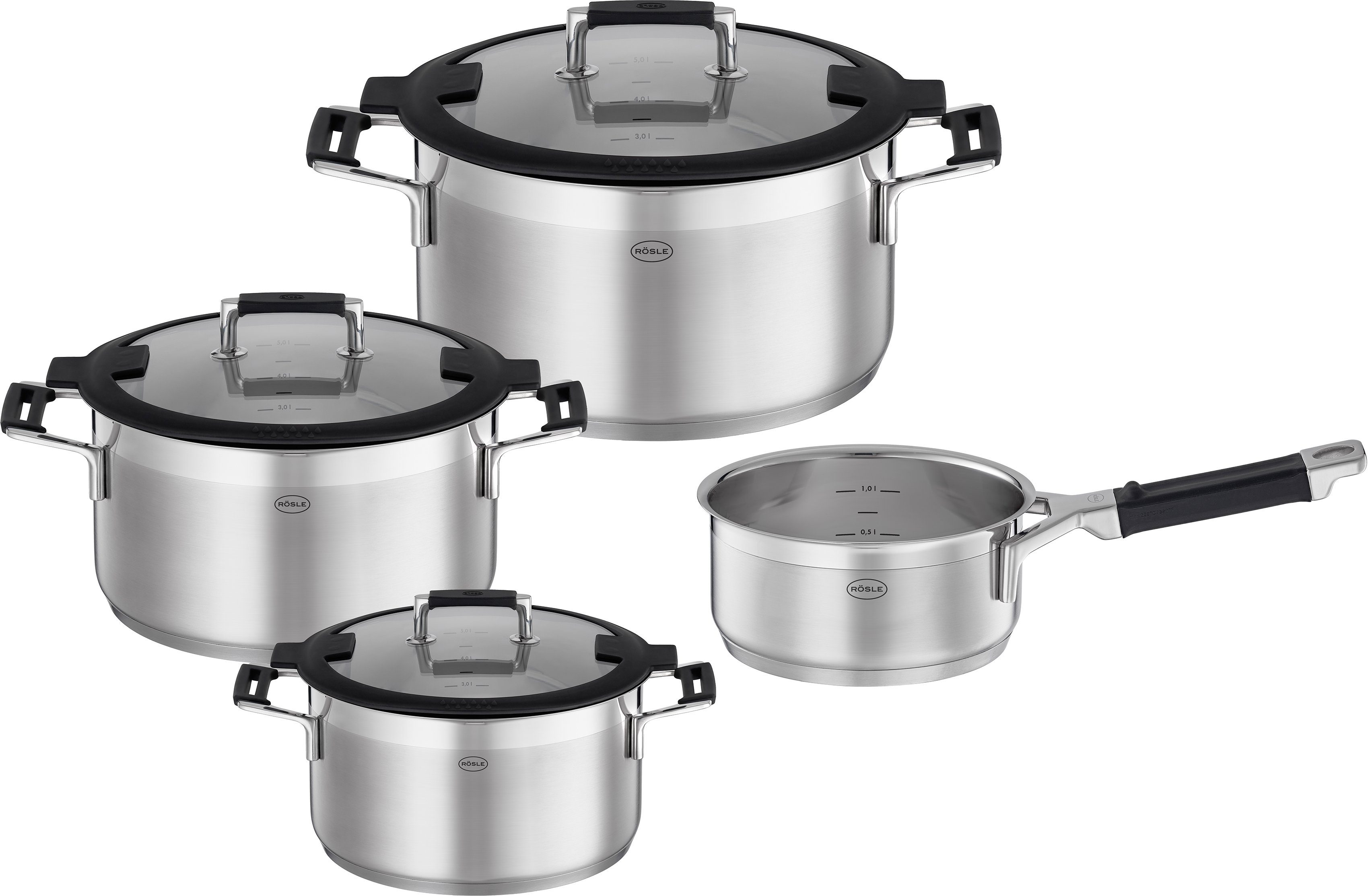 RÖSLE Topf-Set SILENCE PRO, Edelstahl 18/10 (Set, 7-tlg., je 1 Kochtopf Ø 16/20/24 cm, 1x Stielkasserolle Ø 16 cm), Innenskalierung und …