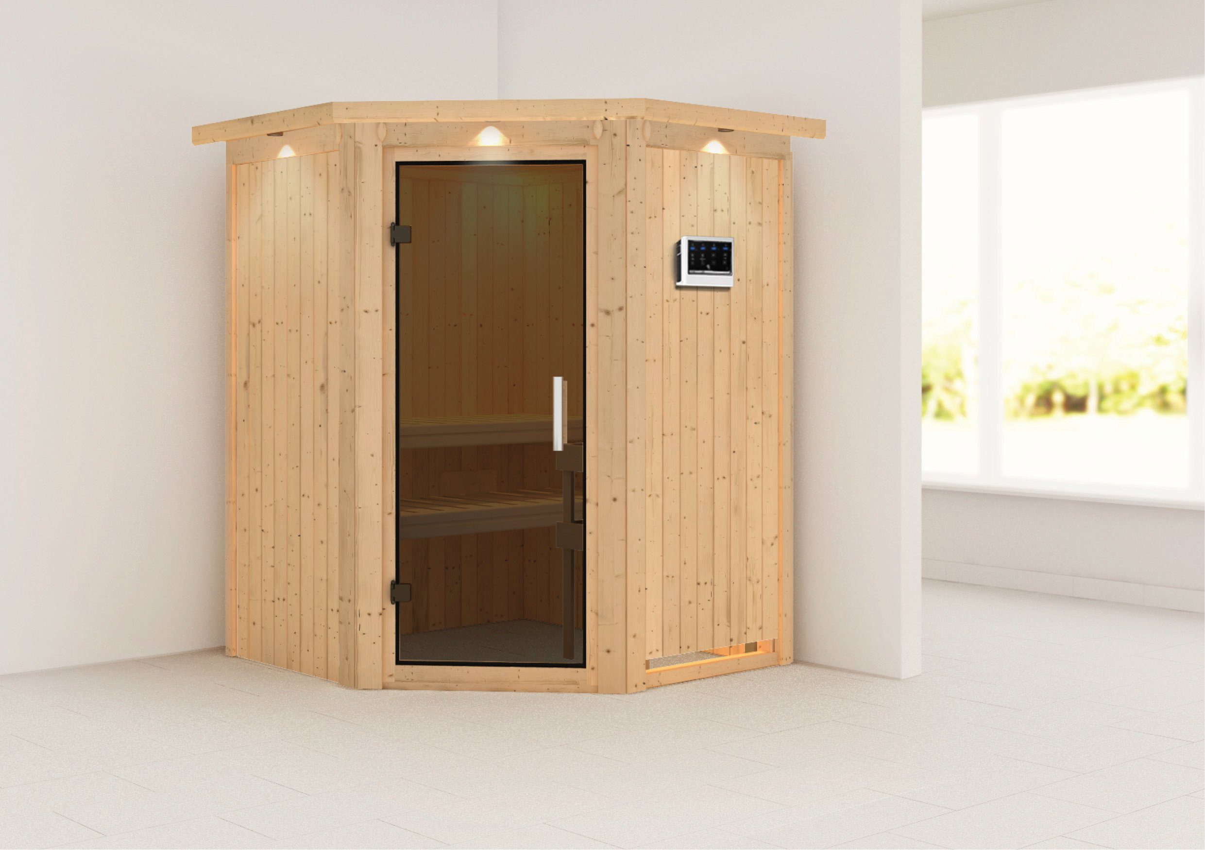 Thumbnail - Karibu Sauna Nanna, BxTxH: 165 x 165 x 202 cm, 68 mm, (Set) 3,6-kW-Bio-Plug & Play Ofen mit externer Steuerung