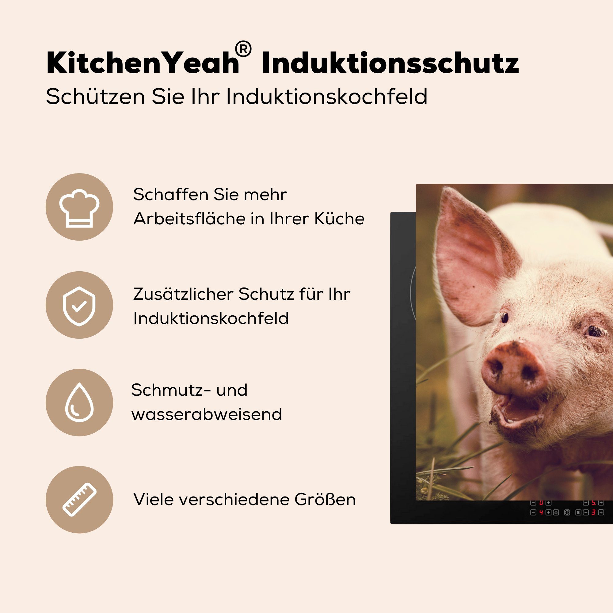 Porträt cm, Schwein Herdblende-/Abdeckplatte 78x78 MuchoWow - (1 - Arbeitsplatte Tier, Vinyl, tlg), für küche Ceranfeldabdeckung,