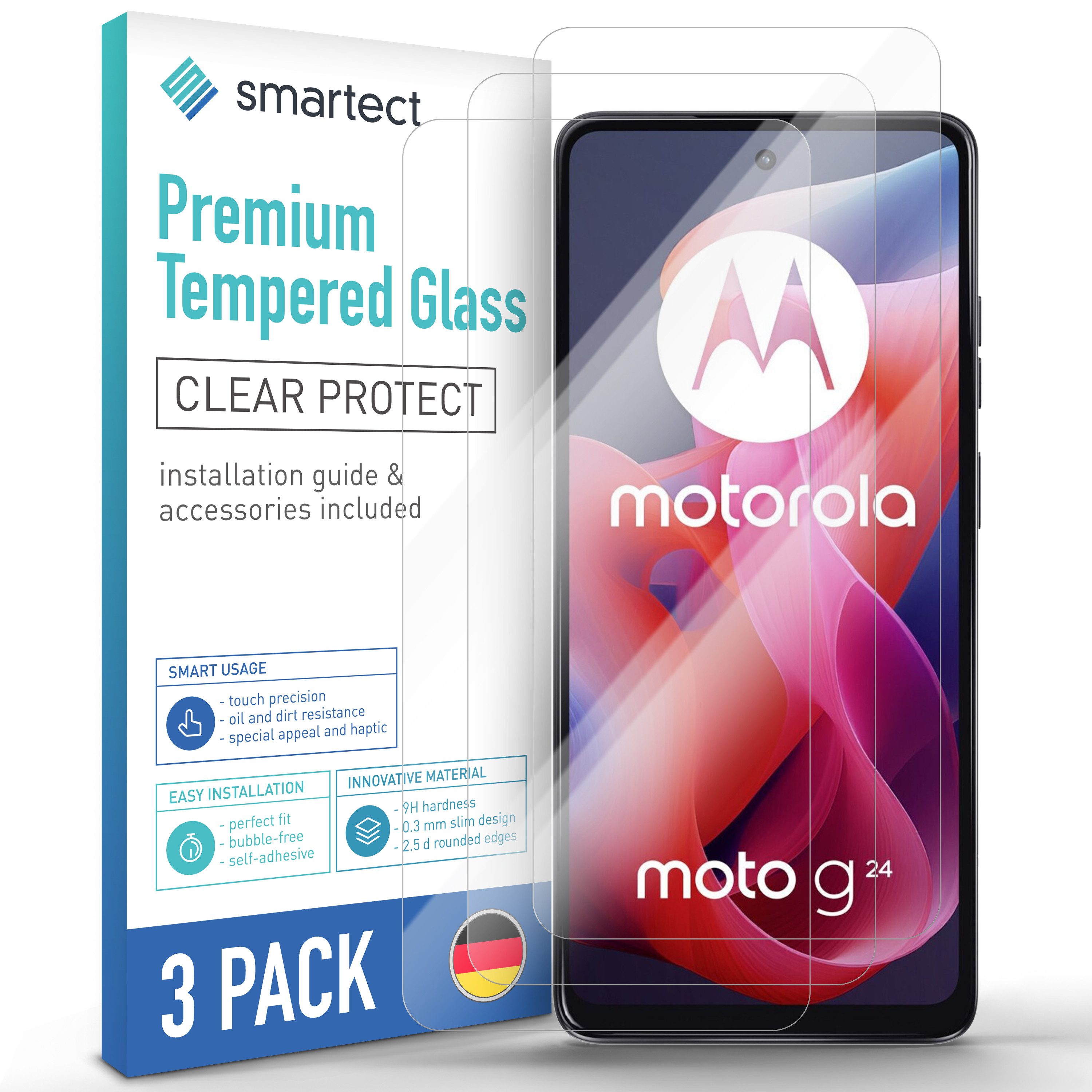 smartect Displayschutzglas Schutzglas Panzerfolie Klar für Motorola Moto G24 / G04 / G04s, Set, 3 Stück, Schutzfolie Glasschutz Bildschirm