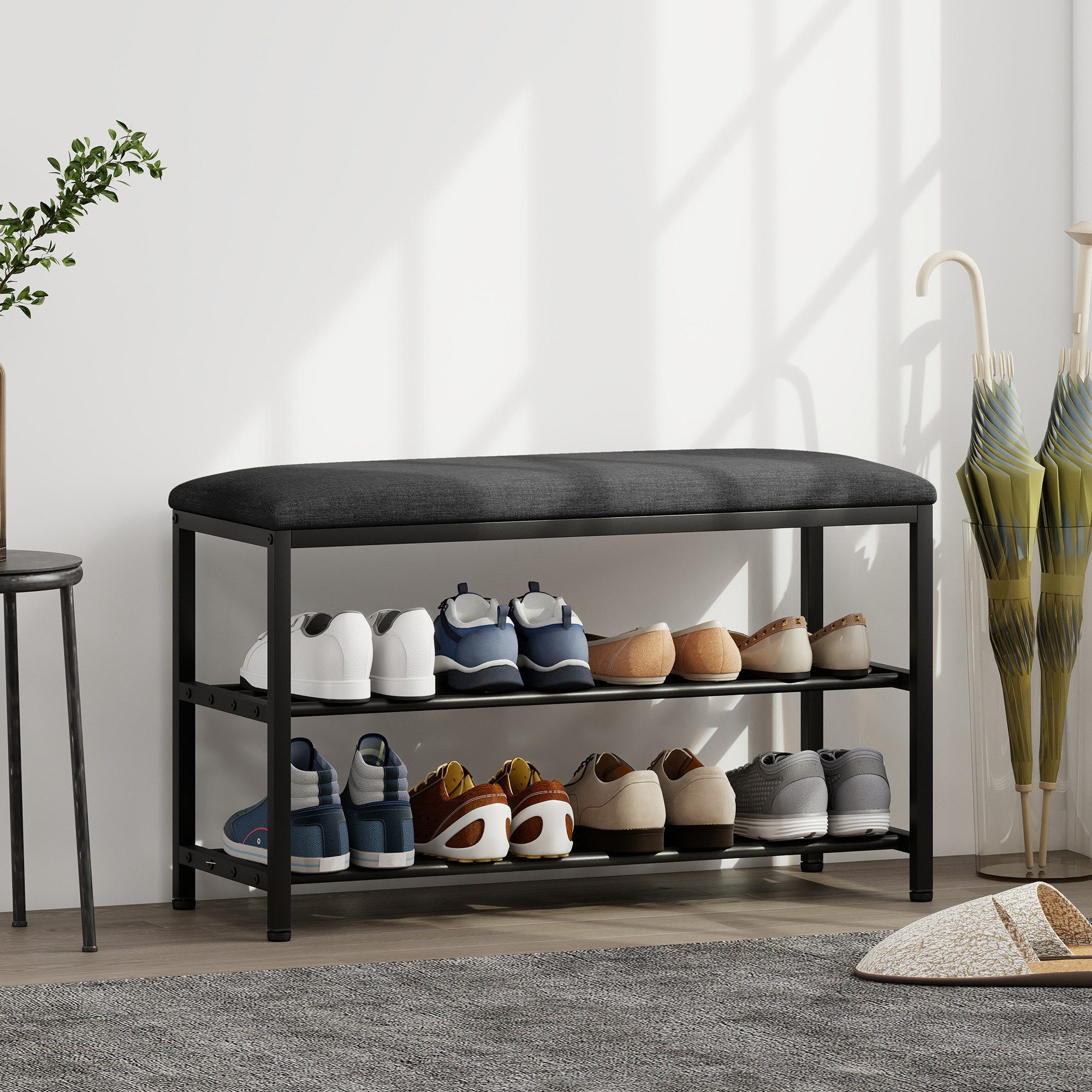 HOMCOM Schuhbank Sitzbank mit Stauraum, Schuhregal mit 2 offene Fächer (Flurbank, 1-St., Schuhablage), für Wohnzimmer, Flur, Schwarz