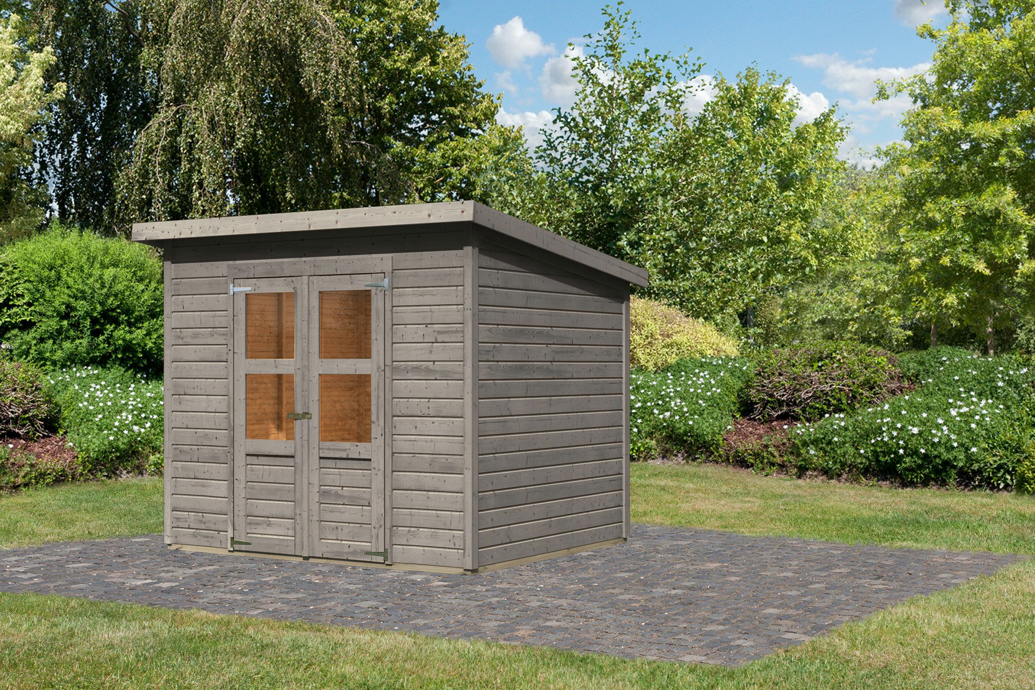 Karibu Gartenhaus »Merseburg 5« vorvergraut, BxT: 242x214 cm, aus Fichtenholz, farbig lasiert