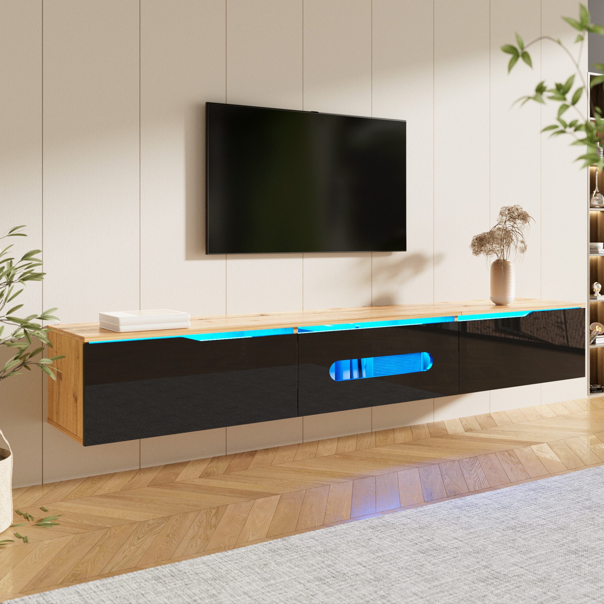 REDOM Lowboard TV-Board mit Hochglanzoberfläche (TV-Glasschrank, Fernsehtisch,TV-Ständer, TV-Panel, 1 St., wandmontierbar oder bodenmontierbar), mit 16-farbiger LED-Beleuchtung