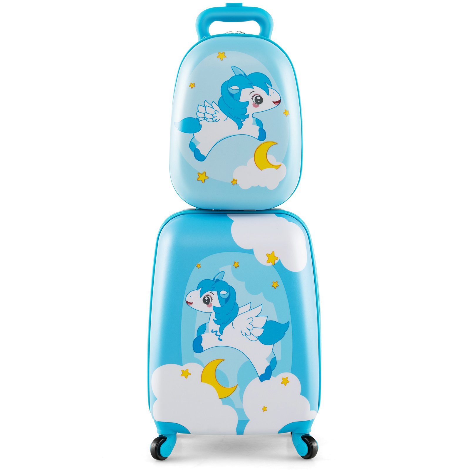 COSTWAY Kinderkoffer 12"+16" mit Rucksack, Kindertrolley blau Einhorn
