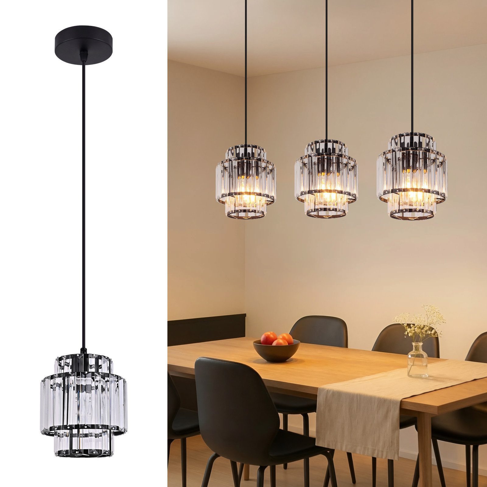ZMH Pendelleuchte 1 Flammig E27 Hängelampe Esstisch Kristall Schwarz Pendellampe, ohne Leuchtmittel, Modern Pendellampe Höhenverstellbar H 143cm für Küche & Esszimmer