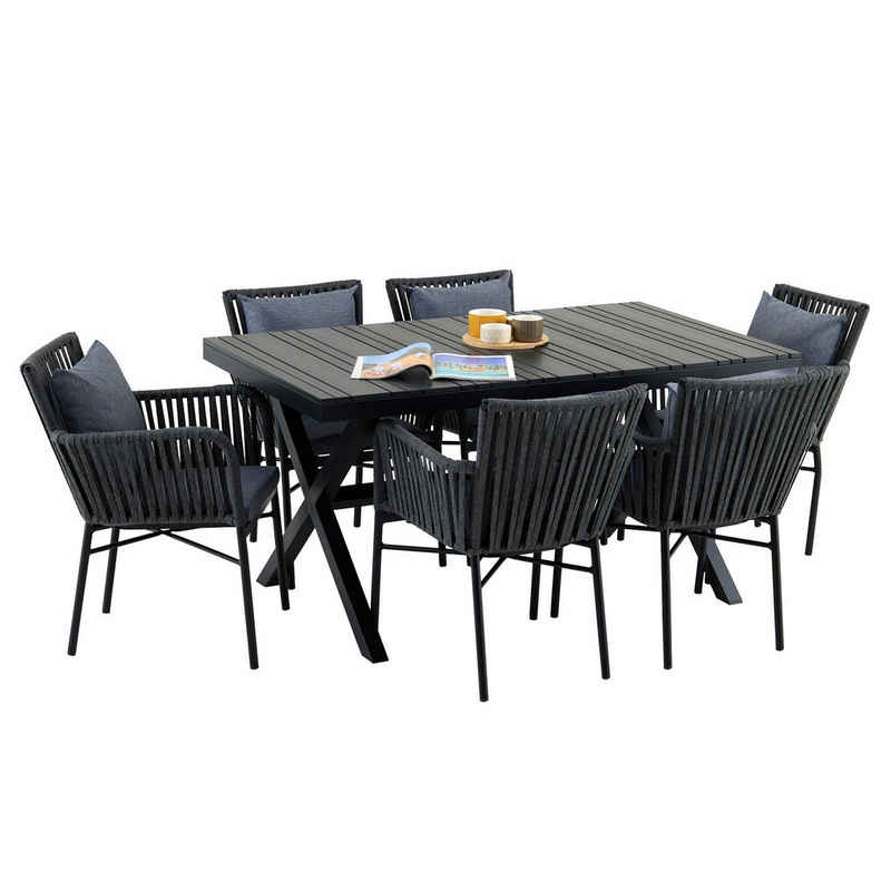 IDIMEX Gartenlounge-Set, Gartenmöbel Set Alu in schwarz Gartentisch mit 6 Stühlen mit Rope in a