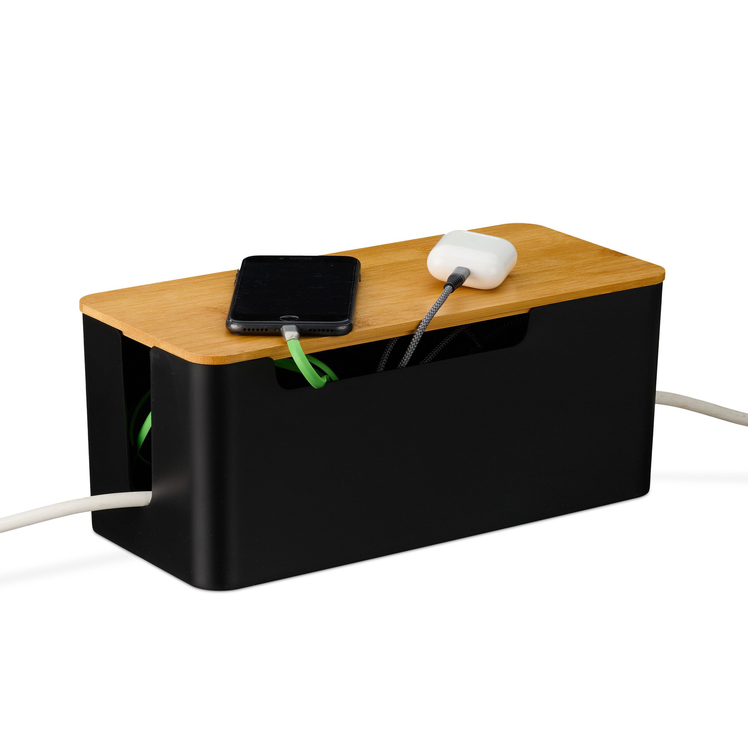 relaxdays Kabelbox Schwarze Kabelbox mit Bambusdeckel, (1-tlg)