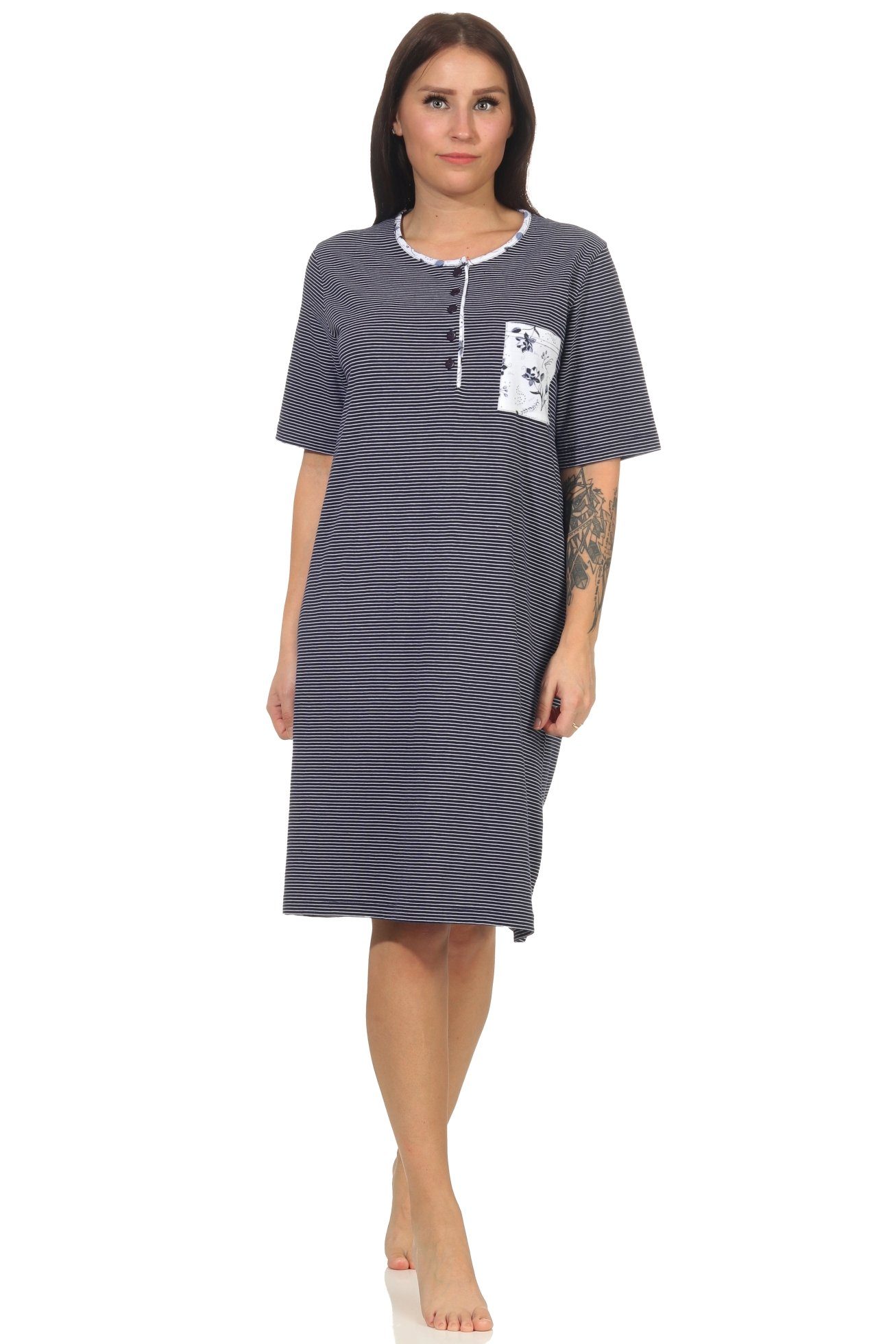 Normann Nachthemd Damen Nachthemd mit kurzen Ärmeln in feiner Streifen Optik marine