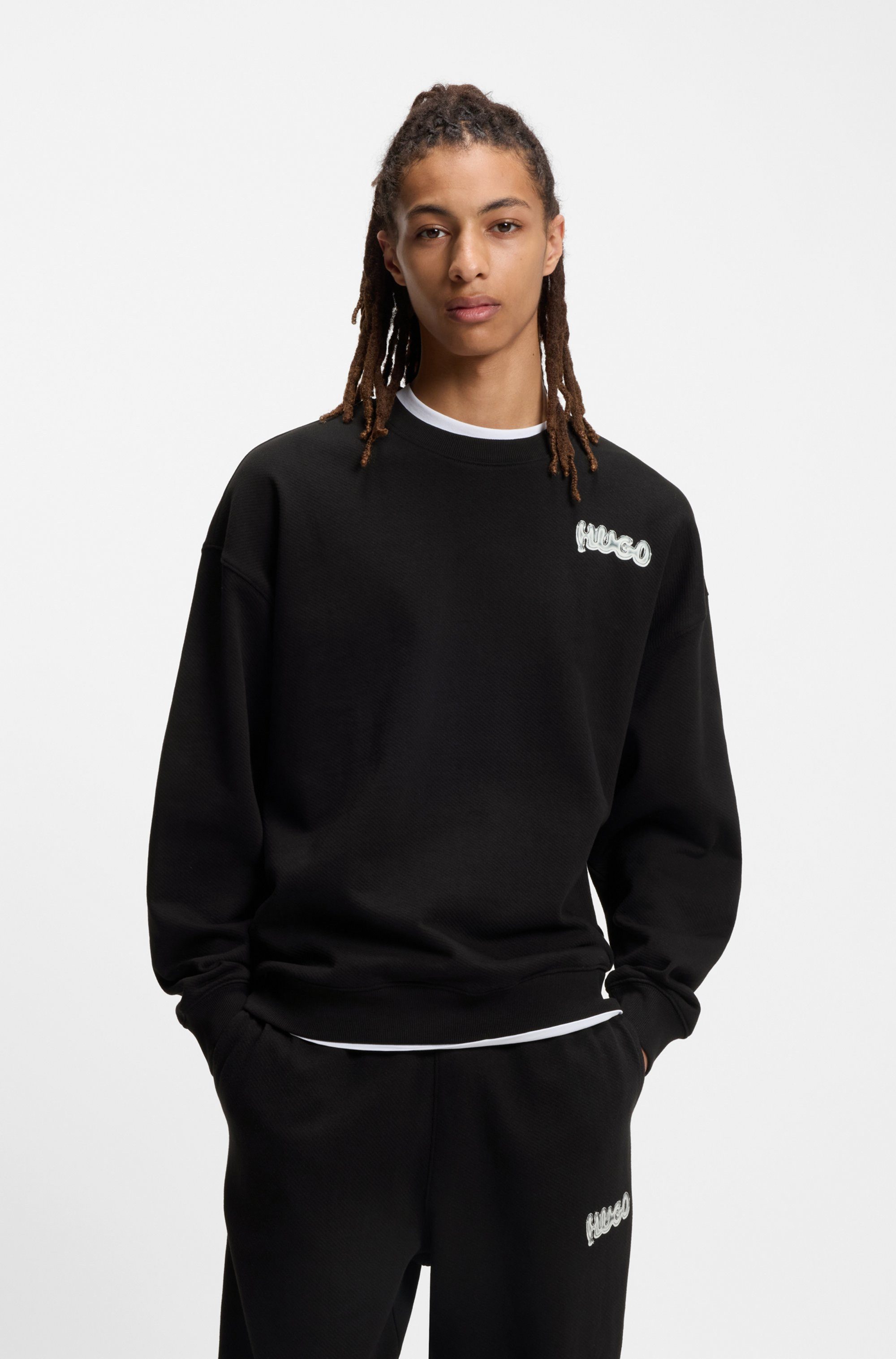 HUGO Blue Sweatshirt Nyrocrew Rückenaufdruck in Chrom-Optik, Rundhalsausschnitt, Loose fit