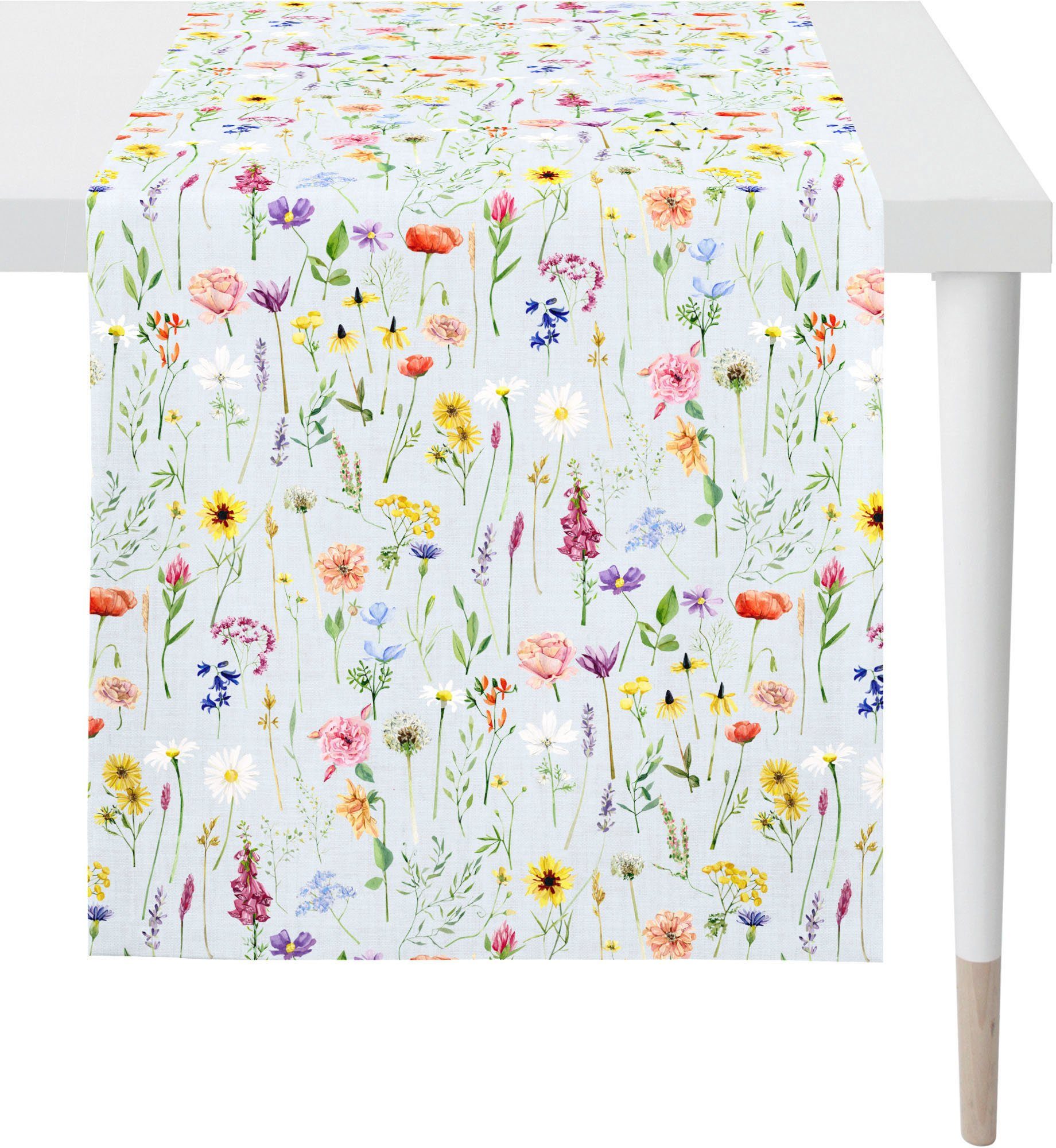 (1-tlg), SPRINGTIME, einer Digitaldruck, Streublumenwiese Tischläufer 6815 Frühjahrsdeko, APELT hellblau, bunt Frühjahrsblüten, mit Frühling wie auf