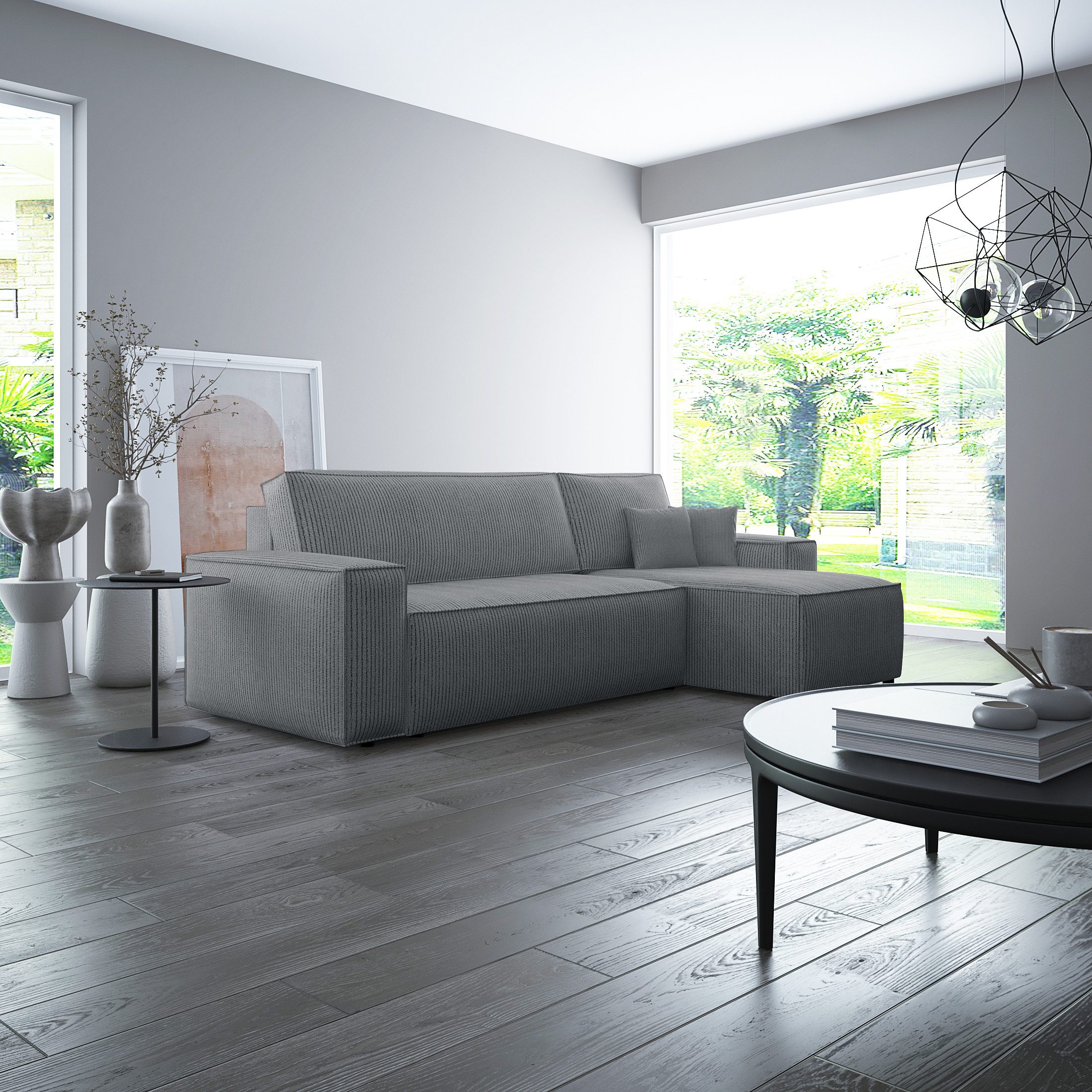 thematys Ecksofa mit Schlaffunktion und Bettkasten, L-Form, Cord und Bouclé + 2 Kissen, 244 x 145cm - Luxus Couch mit Bettfunktion mit Bonnellfedern
