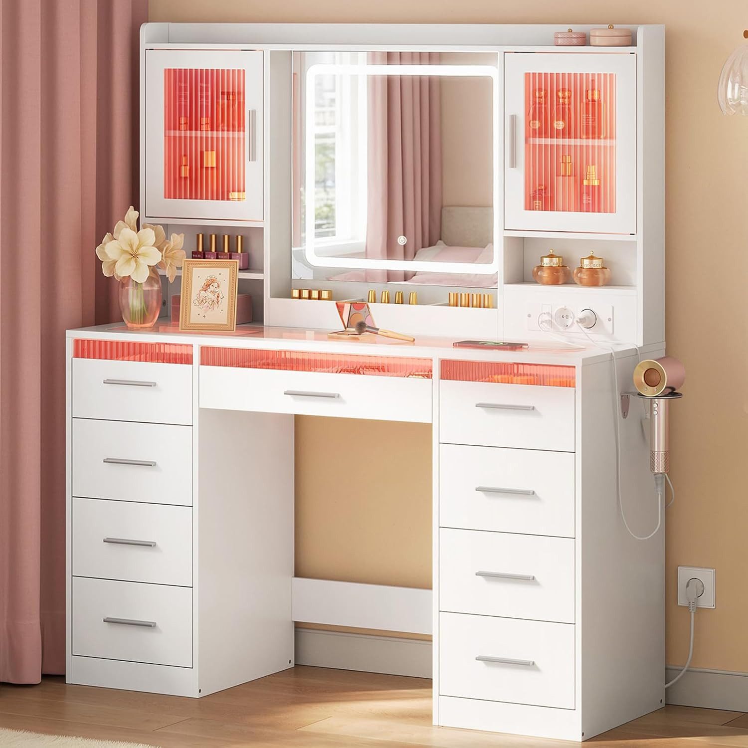 Woltu Schminktisch (1-St), mit RGB- und LED-Beleuchtung mit transparenter Glasplatte