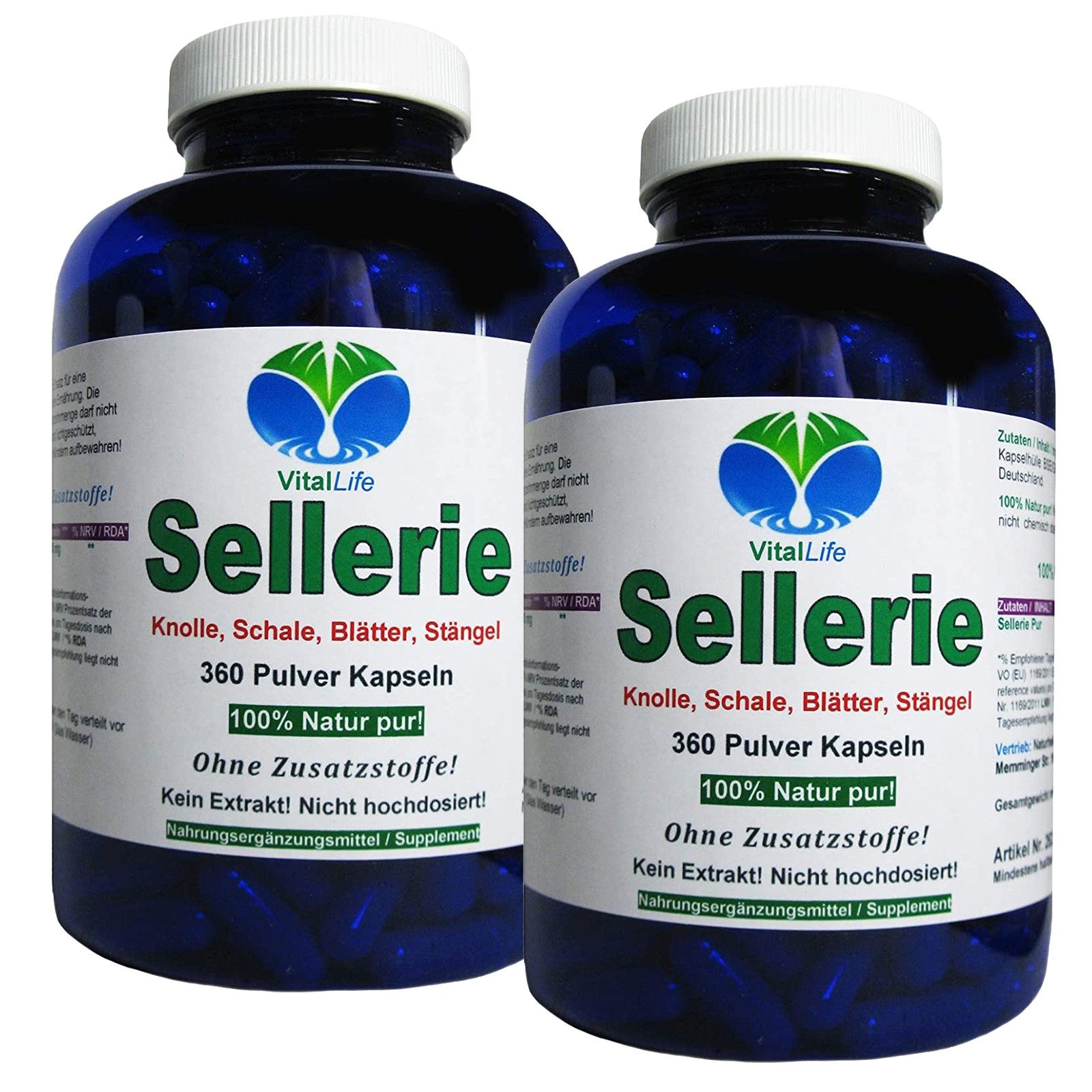 VitalLife SELLERIE Celery (Wurzel, Knolle, Blätter, Stängel) Natur Pur Kapseln, 2 er Dose à 360 St., 388 g, Art. 26320-8