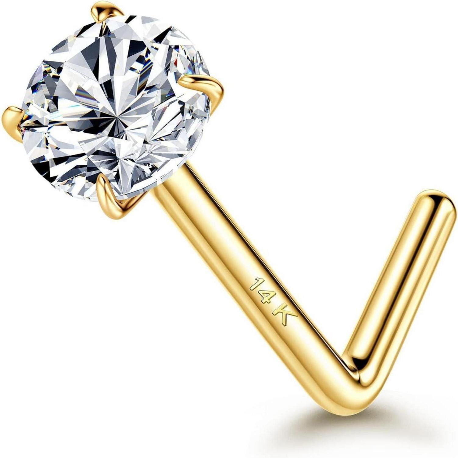 Nasenpiercing 14K Echte Gold Nasenpiercing L-förmiger Stecker 20G Diamant CZ 1,5mm