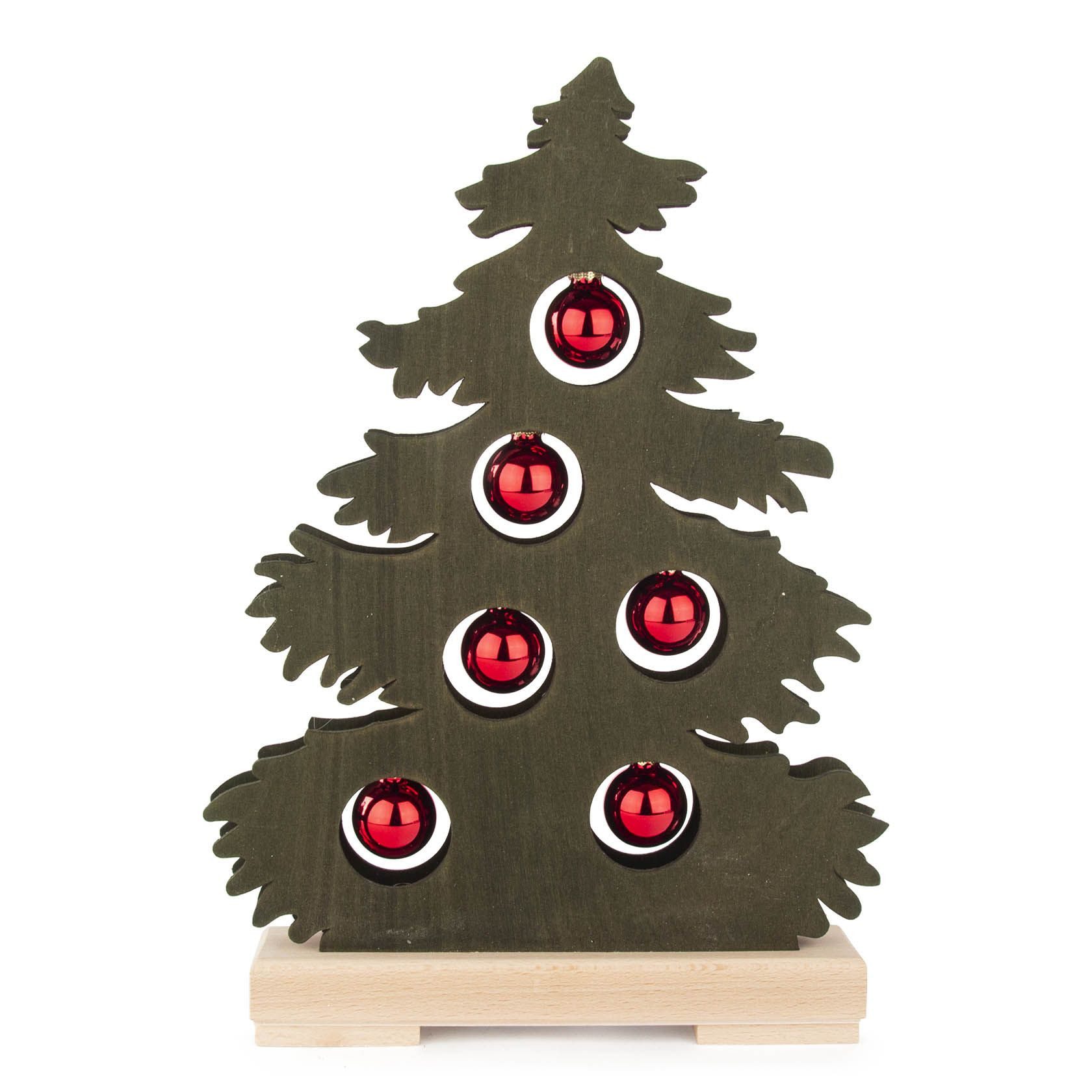 Dregeno Erzgebirge Beleuchtetes Fensterbild Fensterbild Tanne mit roten Kugeln und LED-Beleuchtung grün BxHxT