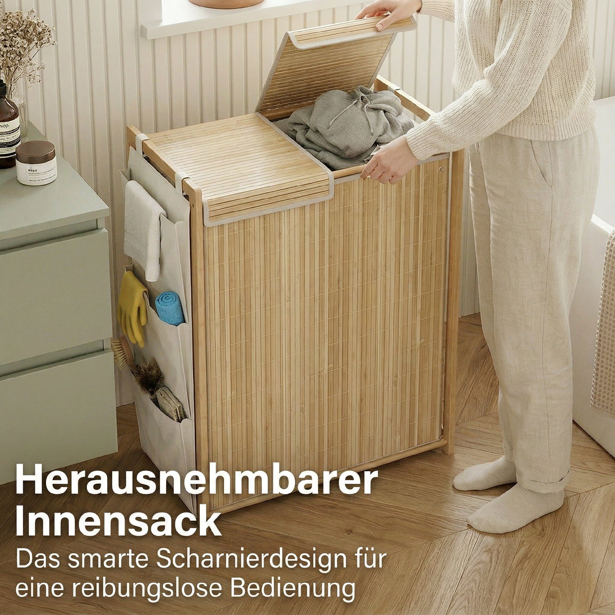 HOMCOM Wäschekorb Wäschesortierer mit Griff, bnehmbarem Kordelzug-Sack (Wäschebox, 1 St., Wäschesammler mit Innensäcken), Bambus, 120 l, Seitenfächer, Deckel – Bild 5 von 5