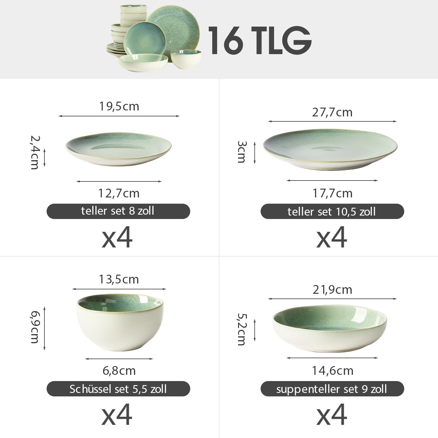 JIWOO Geschirr-Set 16er Kombiservice Teller-Set Tafelservice Schüssel-Set Speiseteller (16-tlg), 4 Personen, Keramik, Hochwertiges Geschirr set Grün Mikrowellen spülmaschinenfest