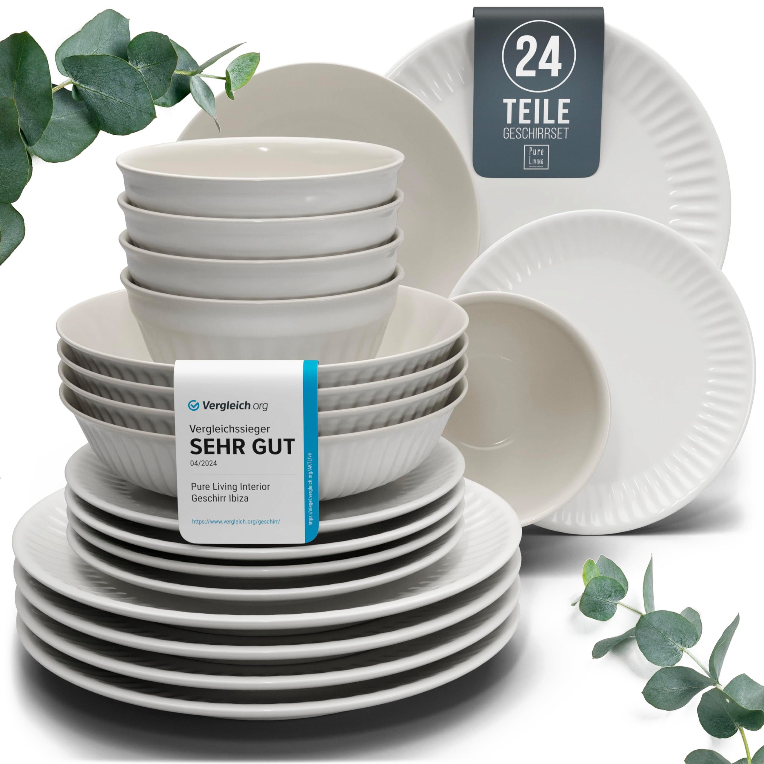 PURE LIVING INTERIOR DESIGN Geschirr-Set 6 Pers. - Hochwertiges Skandinavisches Steingut Geschirrset (24-tlg), 6 Personen, Steingut, Geschirr Set - Schüssel- und Тарелки Set - Tafelservice
