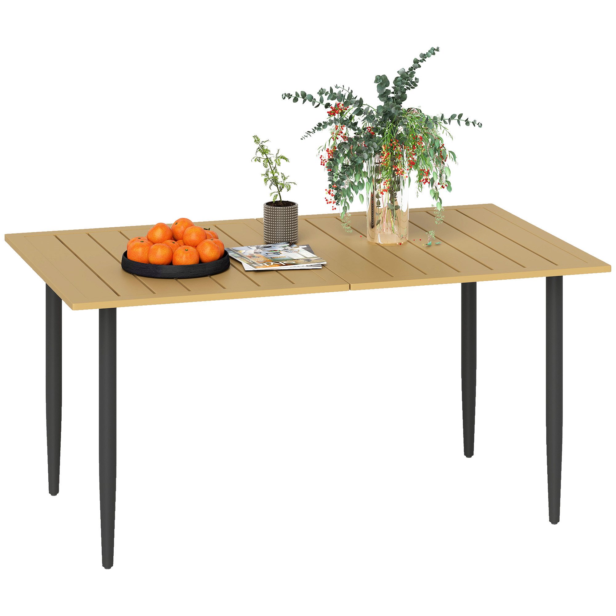 Outsunny Gartentisch mit Schirmloch, Lamellendesign (Campingtisch aus Stahl, 1-St., Balkontisch), für Garten, Balkon, Braun
