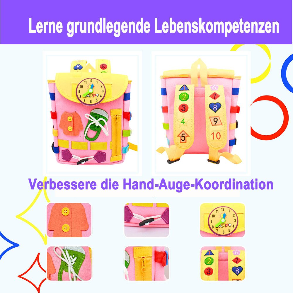 CLTYQ Lernspielzeug Montessori-Rucksack für Kleinkinder,Busy Board für Kinder ab 1 Jahre (kann auf dem Rücken aufbewahrt und getragen Werden, Reisespielzeug-Rucksack, mit Schnallen Reißverschlüssen), Geschenke für Junge Mädchen, Kleinkinder Activity Board
