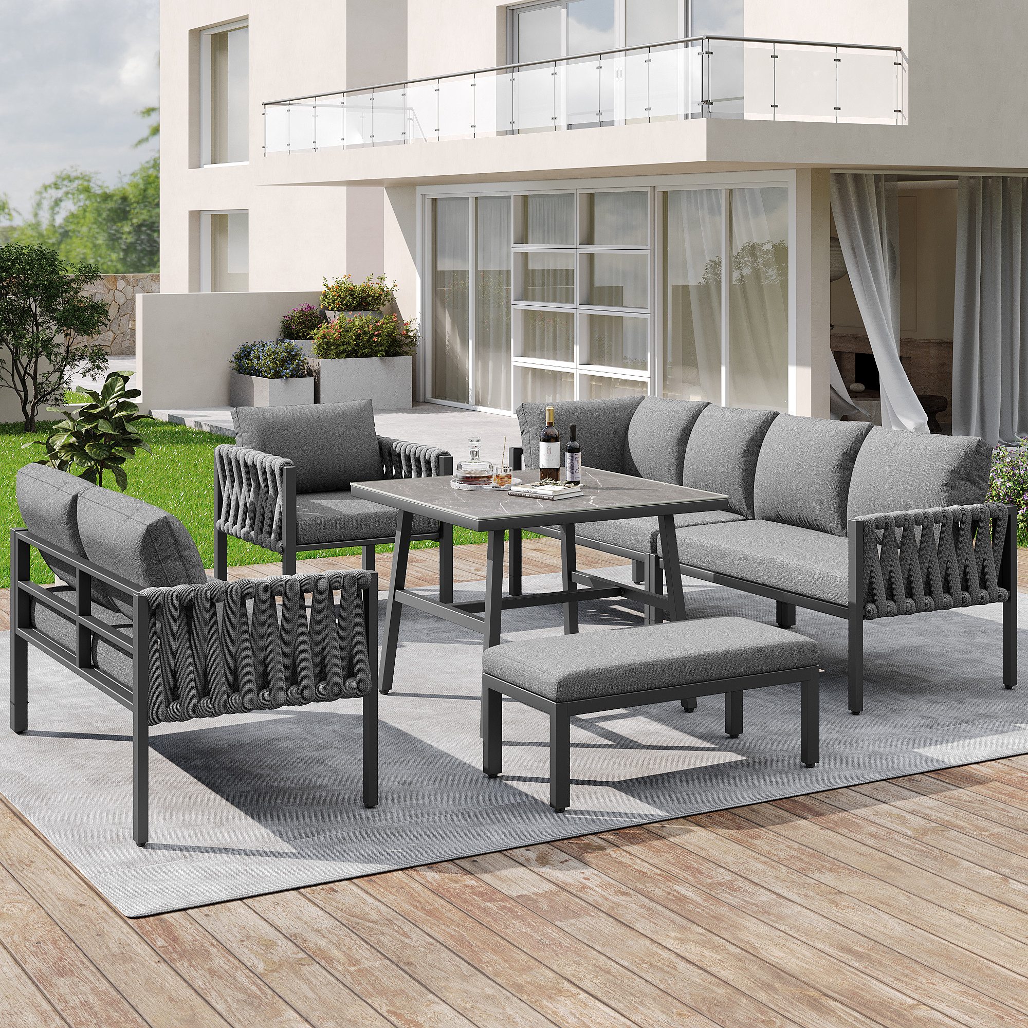 KLAM HOME Gartenlounge-Set Seilgartenmöbelset mit Ecksofa und verstellbare Beine für 7-8 Personen, (5-tlg., 1 4-Sitzer Sofa, 1 Ecksofa, 1 Sessel, 1 Couchtisch, 1 Fußbank), geeignet für Gärten, Schwimmbäder und Terrasse