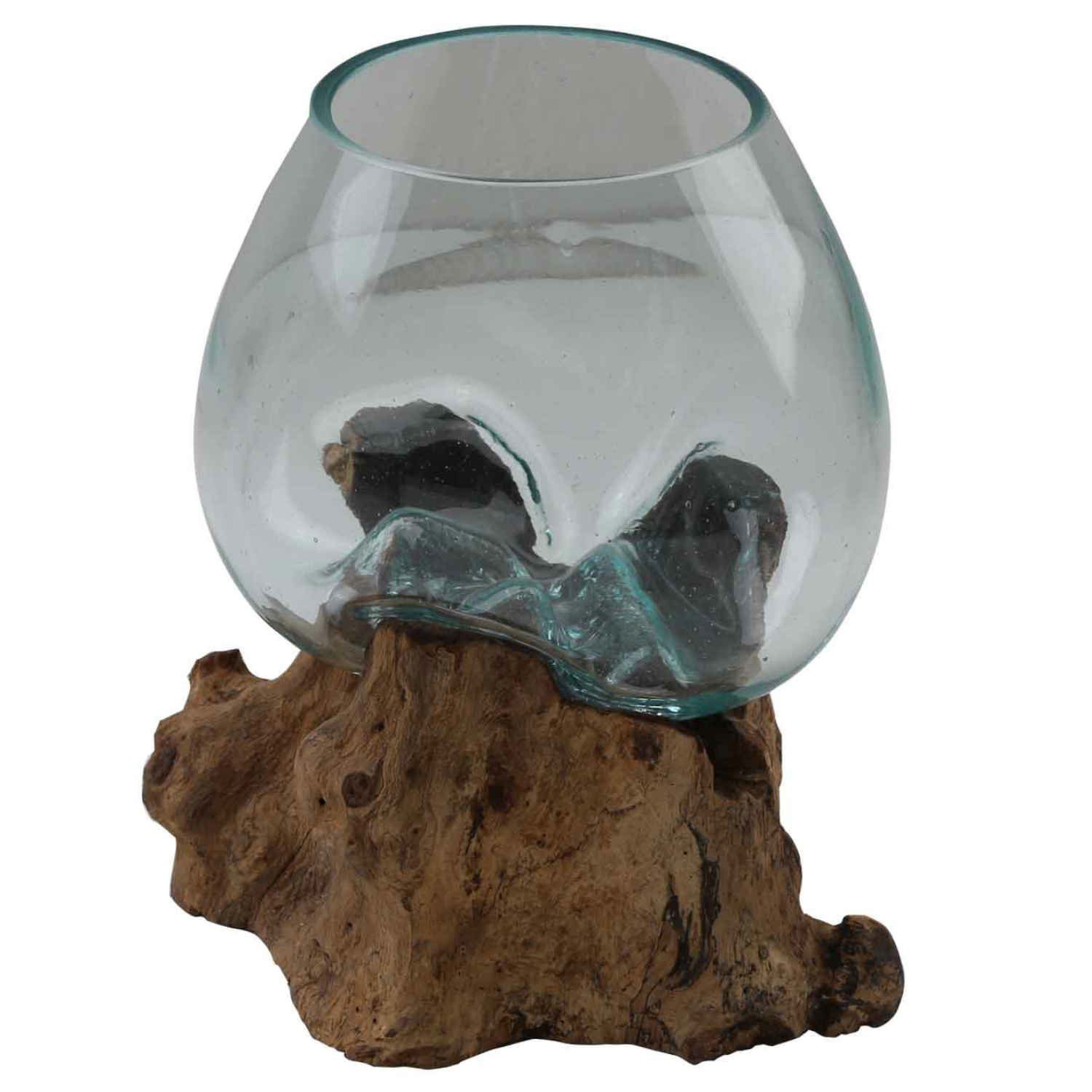 Casa Moro Dekovase Glasvase Holz aus (einzigartige Wurzel - Wurzelholz auf Teak Kunsthandwerk Deko, Wohn Esszimmer Glas Wurzel Tischdeko), garantiert 18cm & Recycling auf Ø Vase Stück Jedes ein Glas Pur Couchtisch Unikat