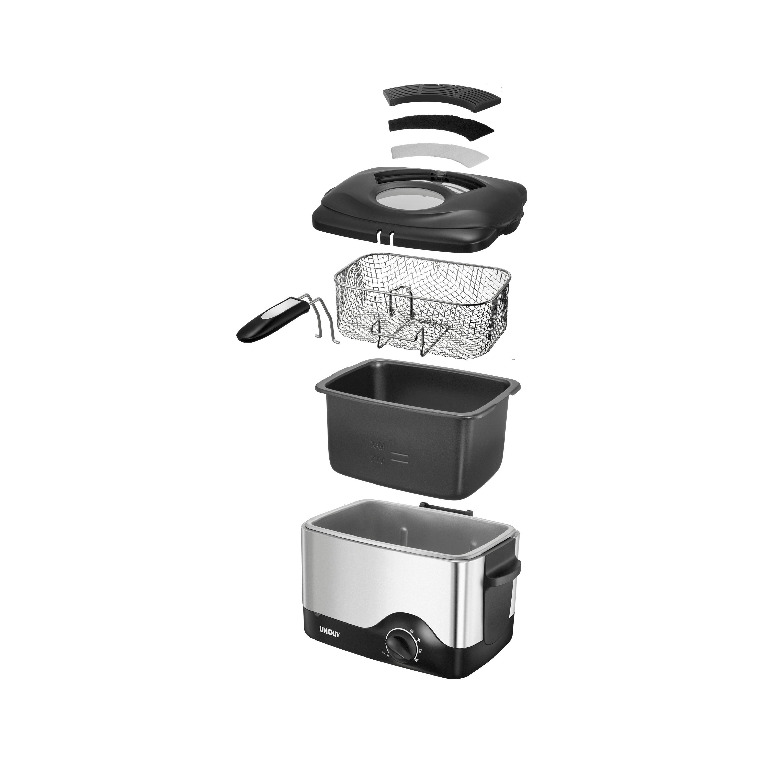 Unold Fritteuse Kompakt, 1200 W, Edelstahl, Cool-Touch, abnehmbarer Deckel mit Aktivkohlefilter