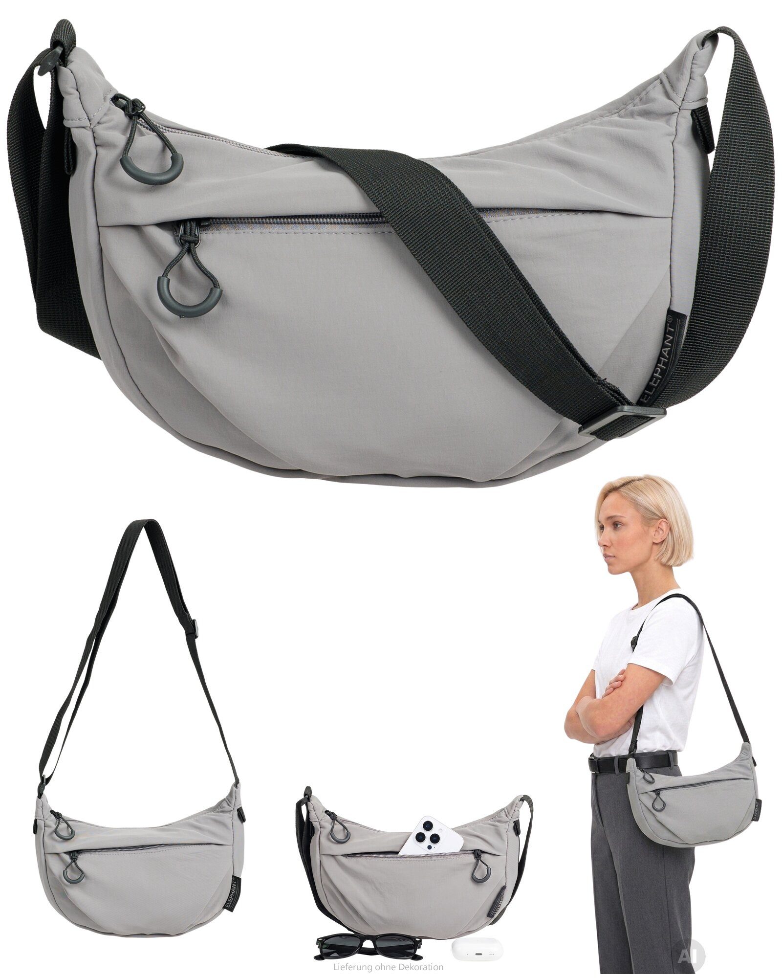 ELEPHANT Handtasche Crossbag Moon Bag Schultertasche Slingbag klein, Damentasche Damen Freizeittasche Umhängetasche Halbmond 3732 + Etui