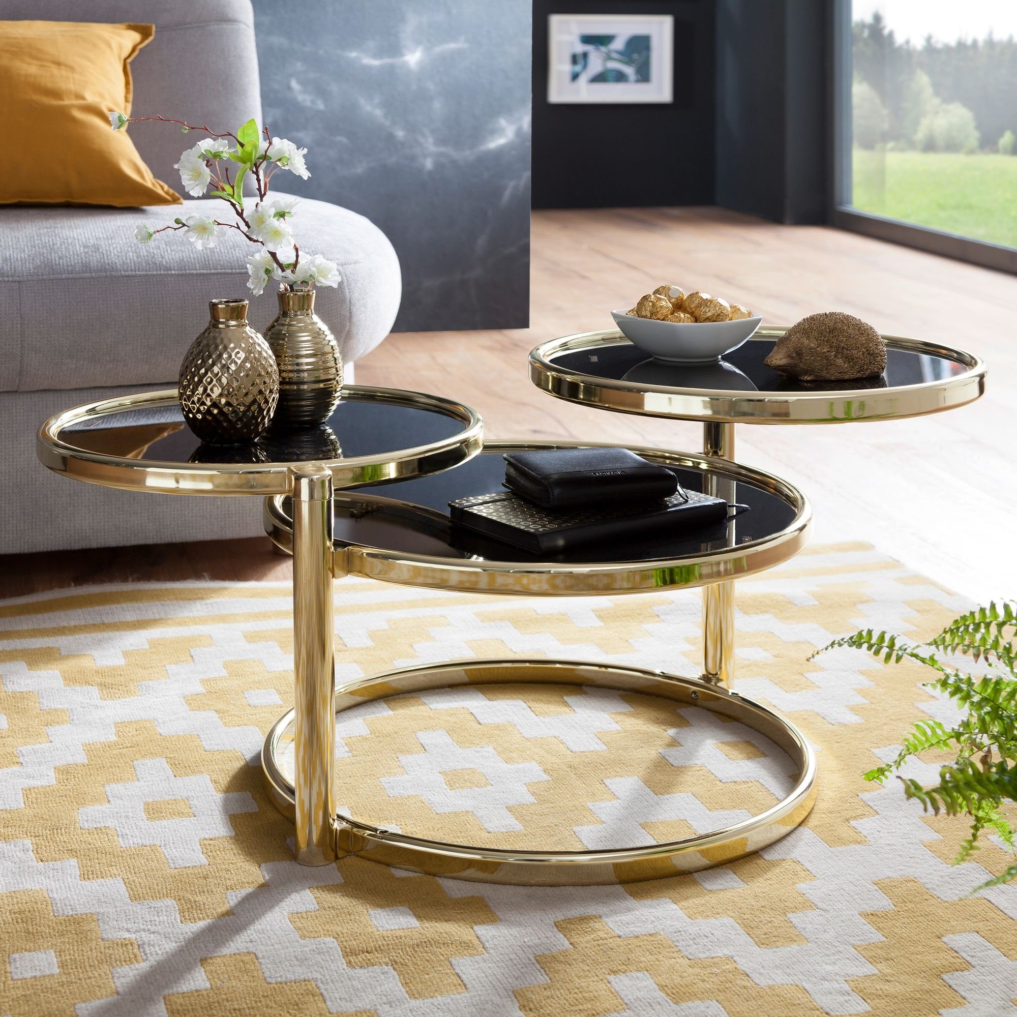 stylisches & | für 3 KADIMA flexibles DESIGN Wohnen mit Glastisch Runder Ebenen Gold Satztisch Gold