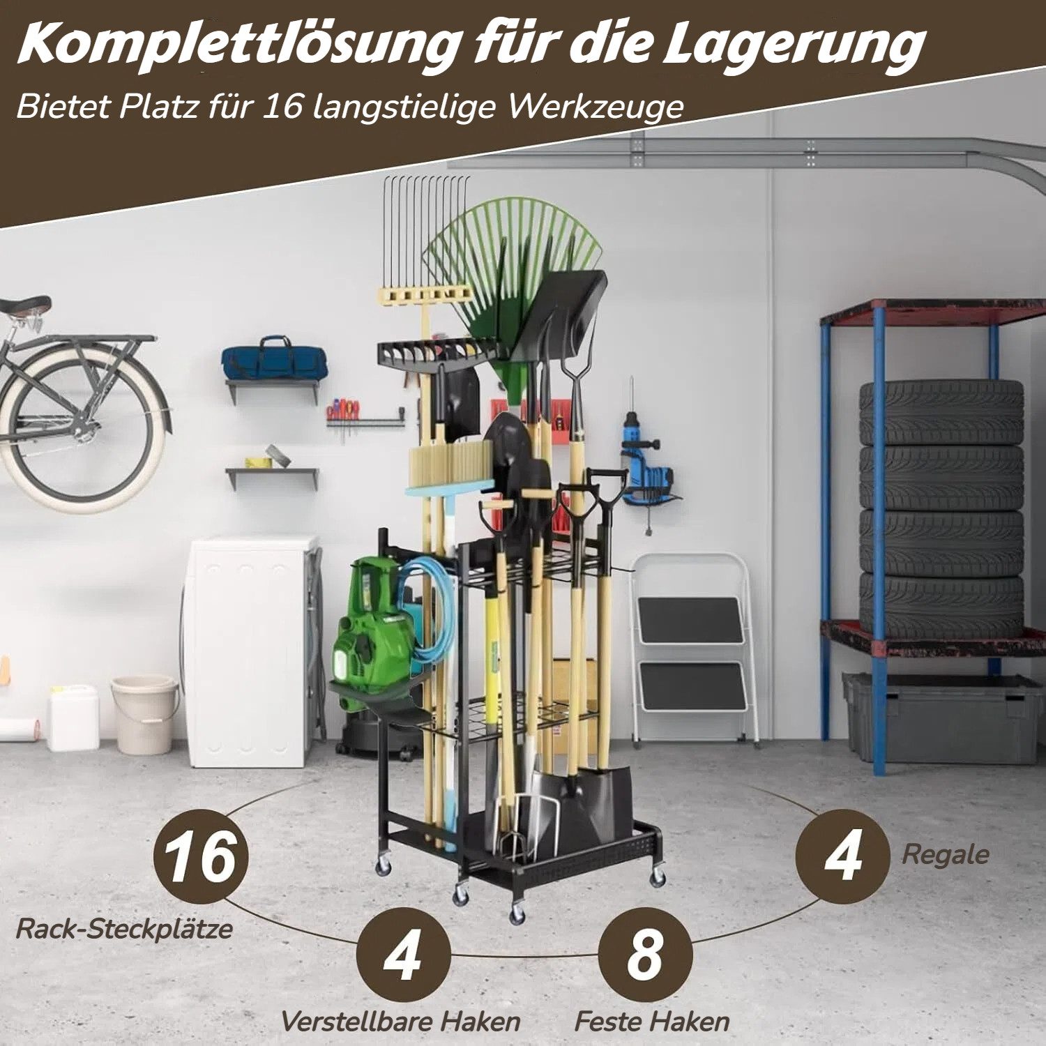 BlingBin Gartengerätehalter Gartengeräte Ständer mit Haken & Rädern, Gartenwerkzeug-Organizer, (1er Set, 1-tlg., Belastbarkeit maximal: 30KG, 49,71*42,9*77,9cm, Metall-Besenhalter für Garten, Garage, Schuppen & Outdoor, Schwarz)