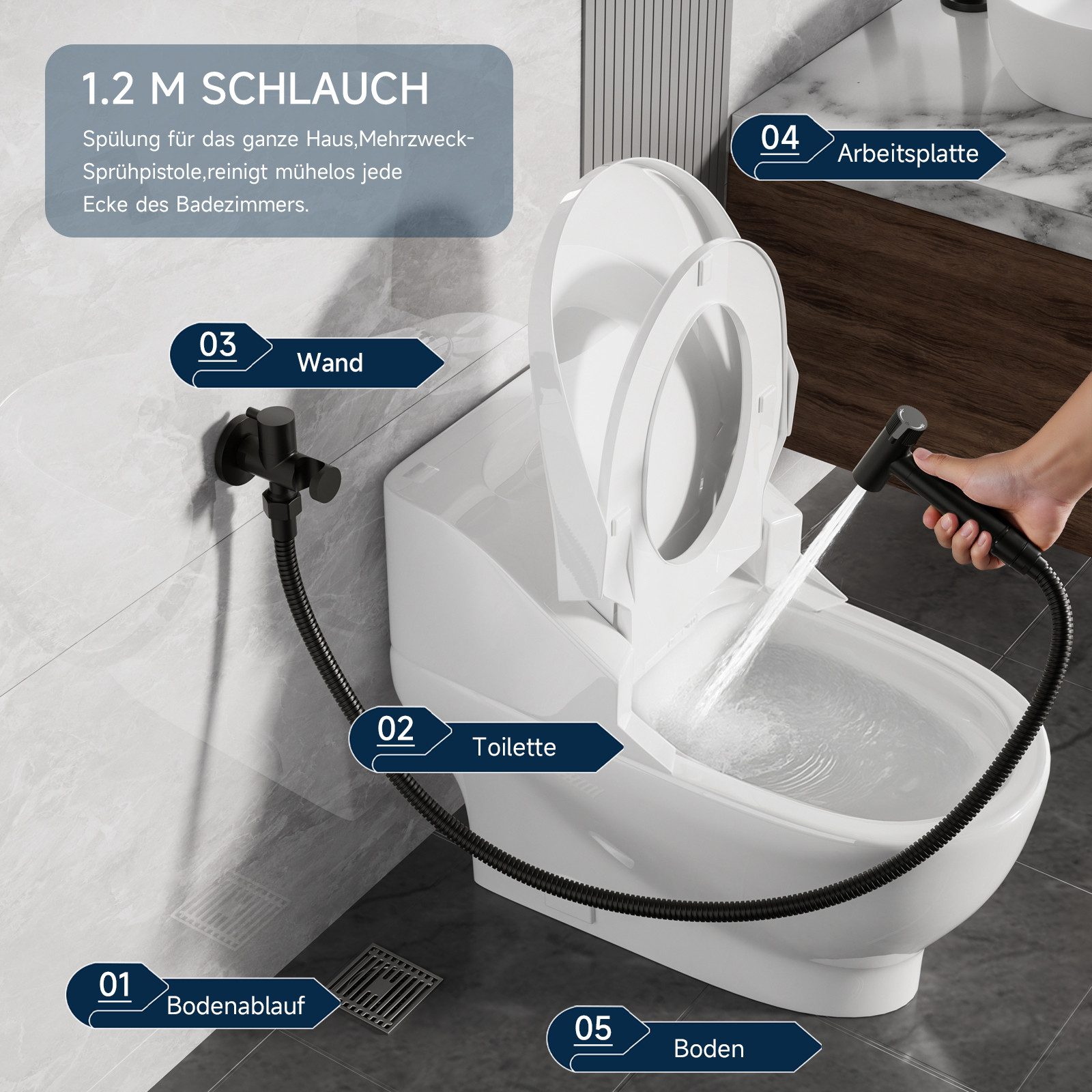 Oihpaw Handbrause Bidet handbrause 2 Modi Kein Drücken Erforderlich toiletten dusche, (1-tlg) – Bild 5 von 5
