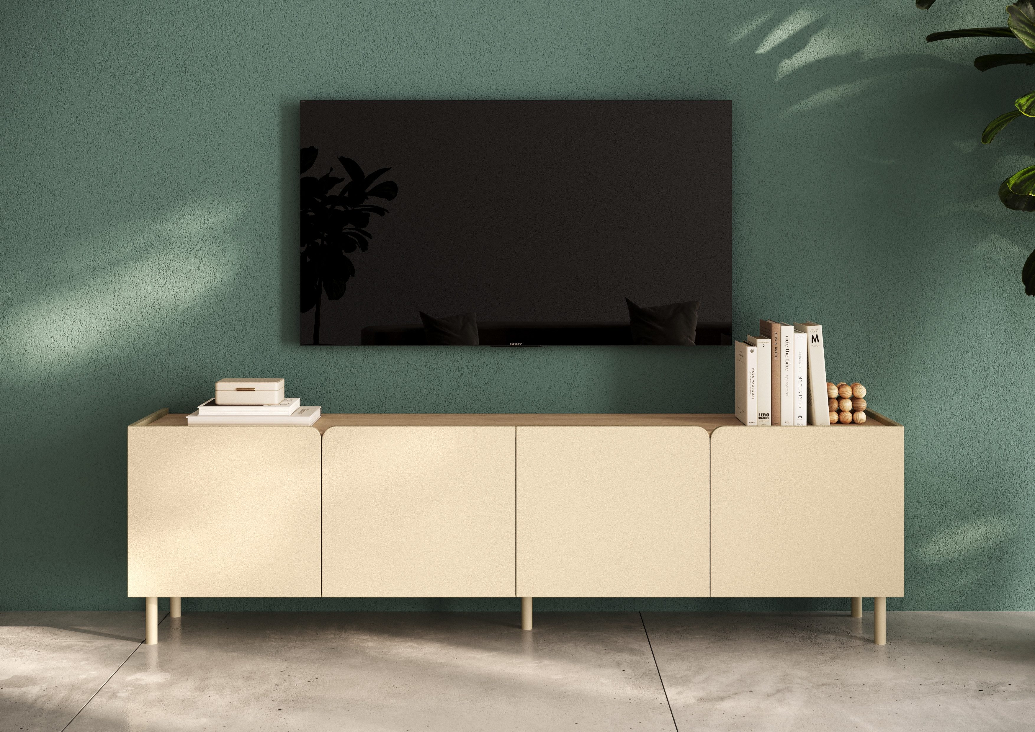 OTTO home Lowboard Dobbiaco, 202 cm breit, 4 Türen, Mediaboard, TV-Schrank, Innenliegendes Top, gerade Metallfüße, Tür mit Rundung