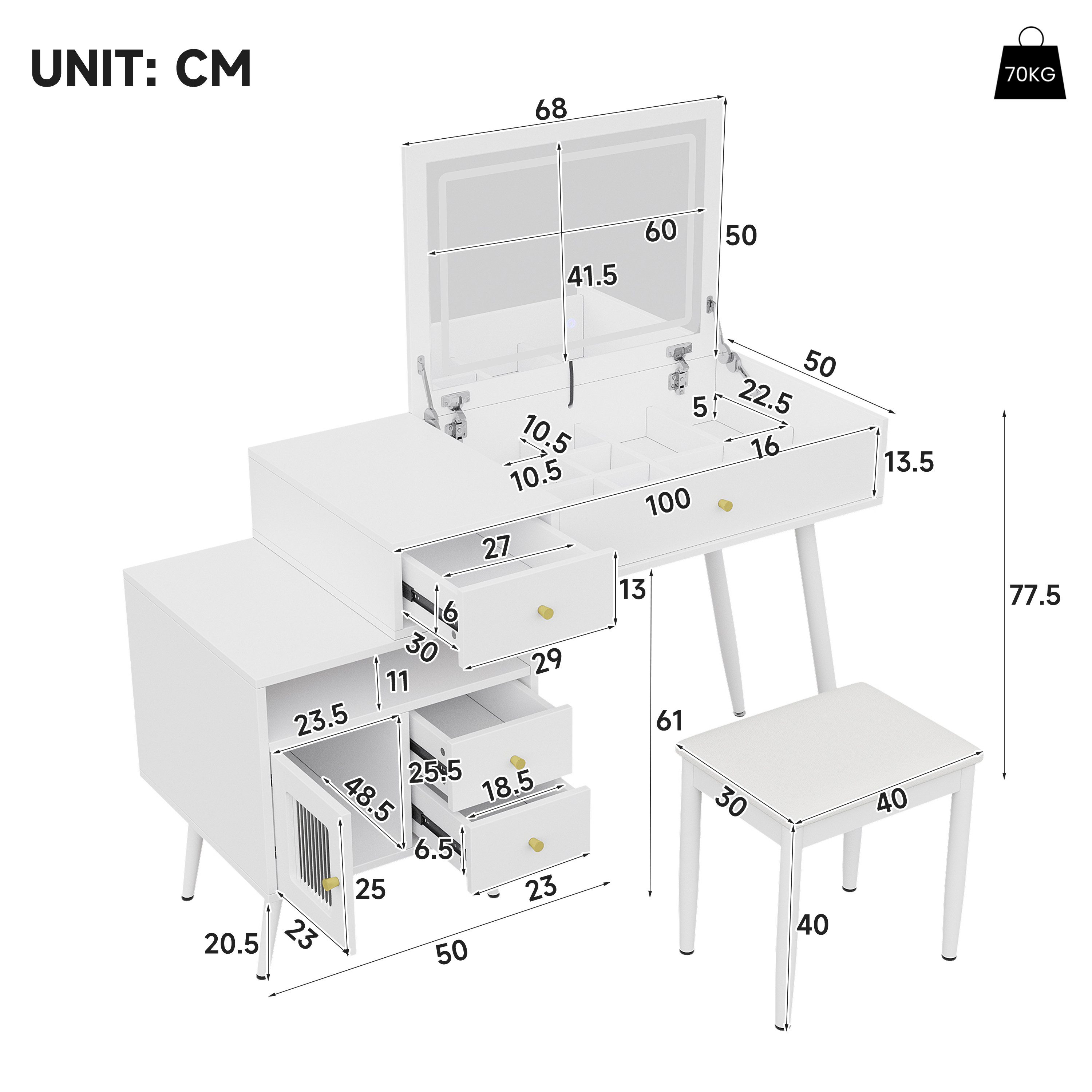 Merax Schminktisch Mit LED-Klappspiegel mit 3 Lichtfarben, 2-in-1 Kosmetiktisch (1-St., Schreibtisch Mit Hocker, 3 Schubladen), Schminkkommode – Bild 5 von 5