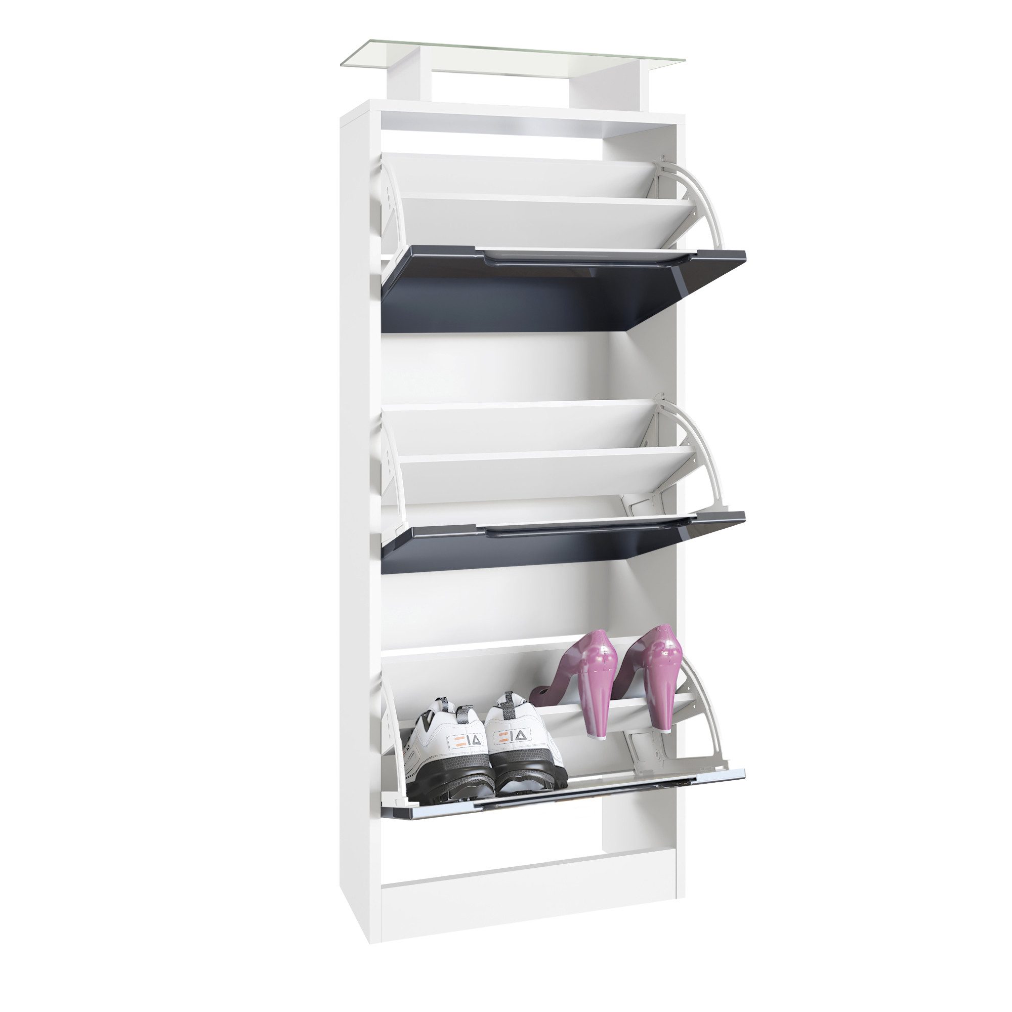 Vladon Schuhschrank Space V2 (Schuhkipper, für 12 Paar Schuhe mit 3 Klappen und Glasablage) Weiß matt/Brombeer Hochglanz (46 x 128 x 23 cm)