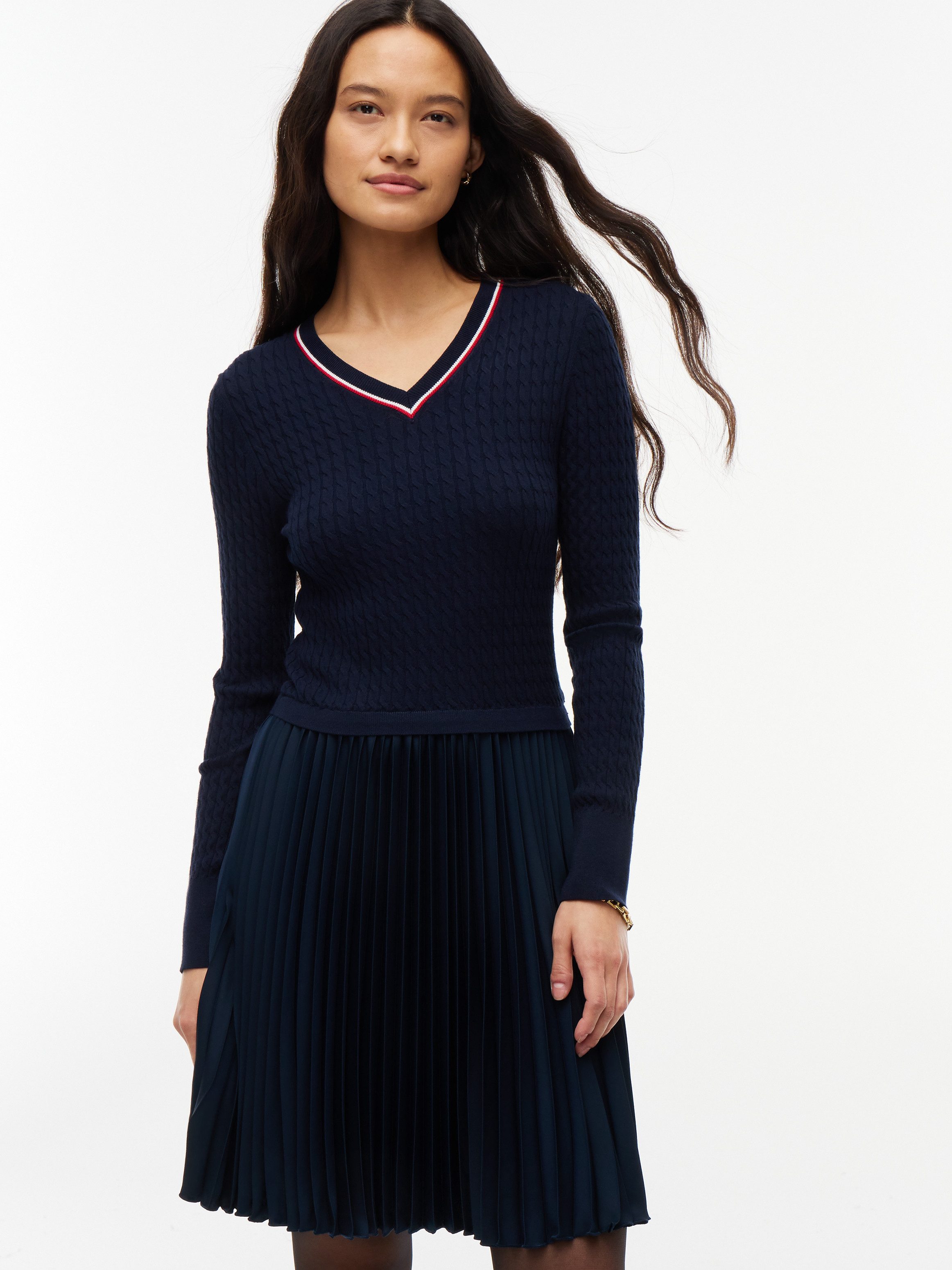 Tommy Hilfiger Strickkleid PREPPY MIX MEDIA MINI DRESS Kunstfaser, Zopfstrickmuster
