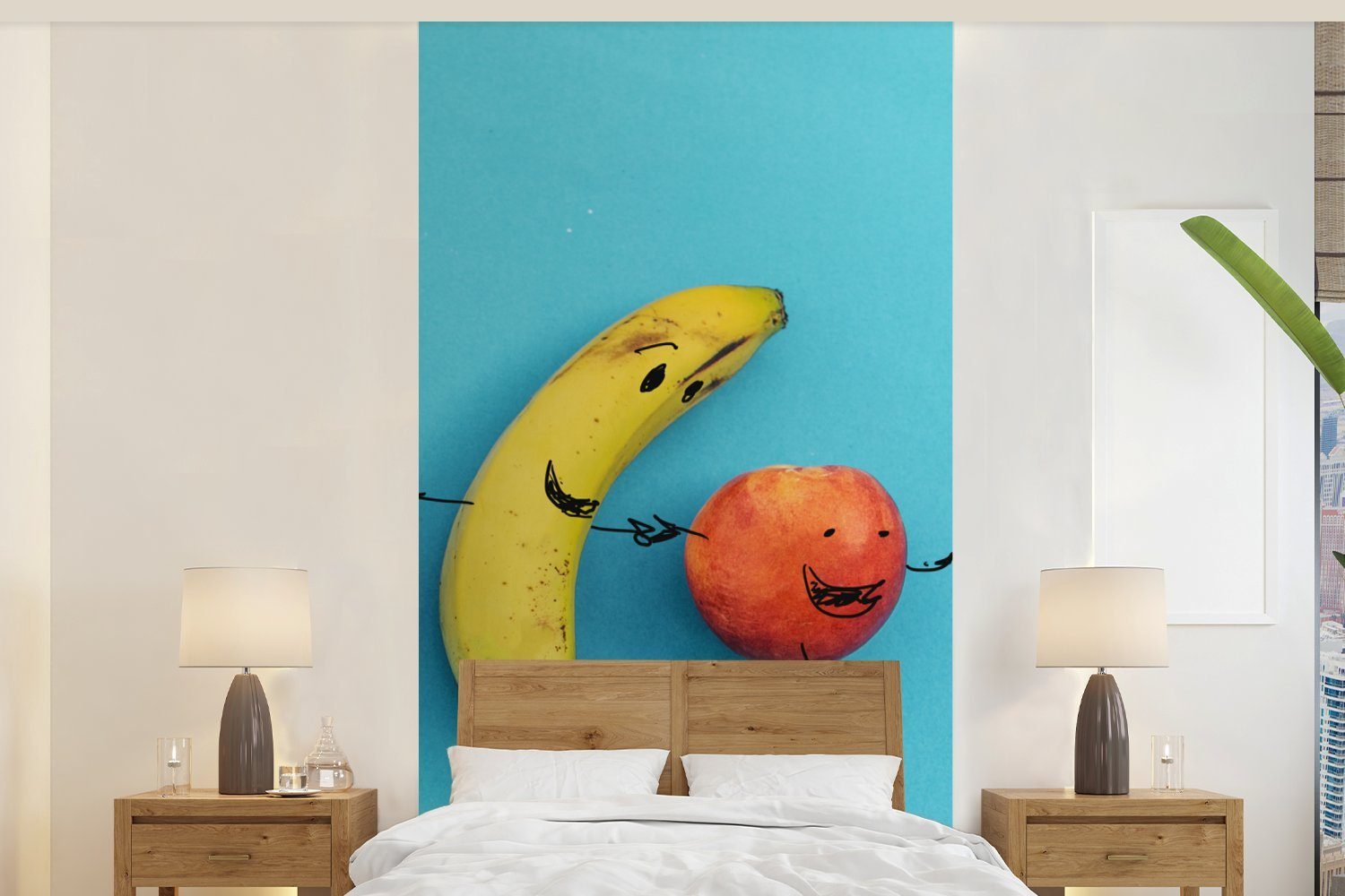 MuchoWow Fototapete Smiley - Obst - Blau, Matt, bedruckt, (2 St), Vliestapete für Wohnzimmer Schlafzimmer Küche, Fototapete