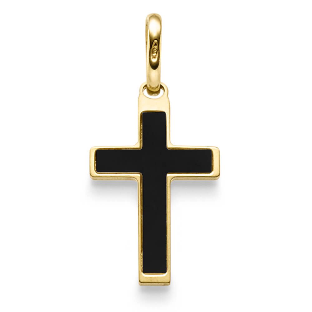 Schmuck Krone Kettenanhänger Anhänger Kreuz mit Onyx schwarz 24.5x12mm 585 Gelbgold, Gold 585