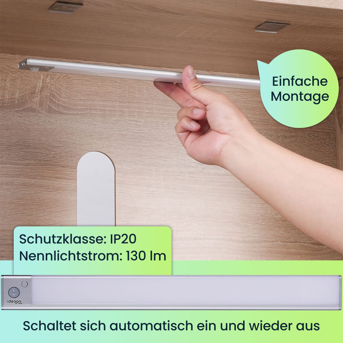 shop'n smile ideoon LED Lichtleiste Flache Akku Lichtleiste, 40cm mit Bewegungssensor, 120 LEDs, LED, Schaltet sich automatisch ein/aus, 120 LEDs, wählbaren Lichtfarben