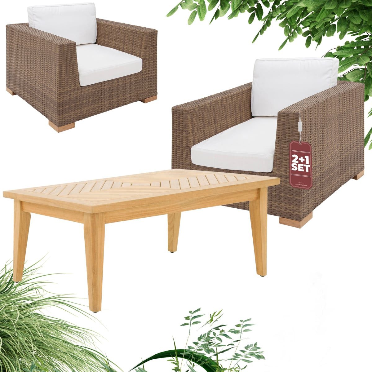 Garland Loungeset Havanna, (3-tlg), Gartenmöbel Set 2 Personen Teak Holz Polyrattan Lounge Sessel Terrasse