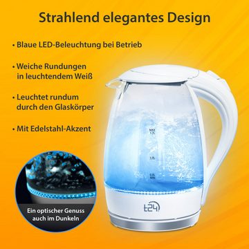 T24 Wasserkocher Glas Wasserkocher 1,7L, 2200W, LED, BPA-frei,TÜV GS, 360° Sockel,Weiß, 1.7 l, 2200,00 W, Aus Borosilikatglas