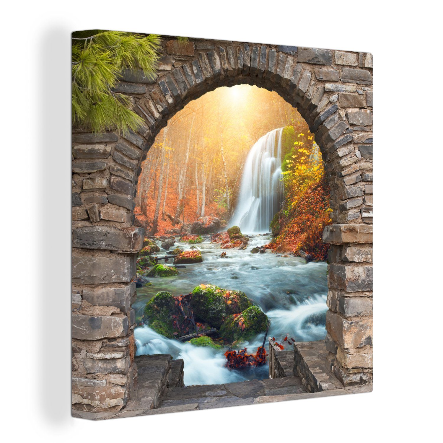 OneMillionCanvasses® Leinwandbild Aussicht - Wasserfall - Herbst - Landschaft, (1 St), Leinwand Bilder für Wohnzimmer Schlafzimmer