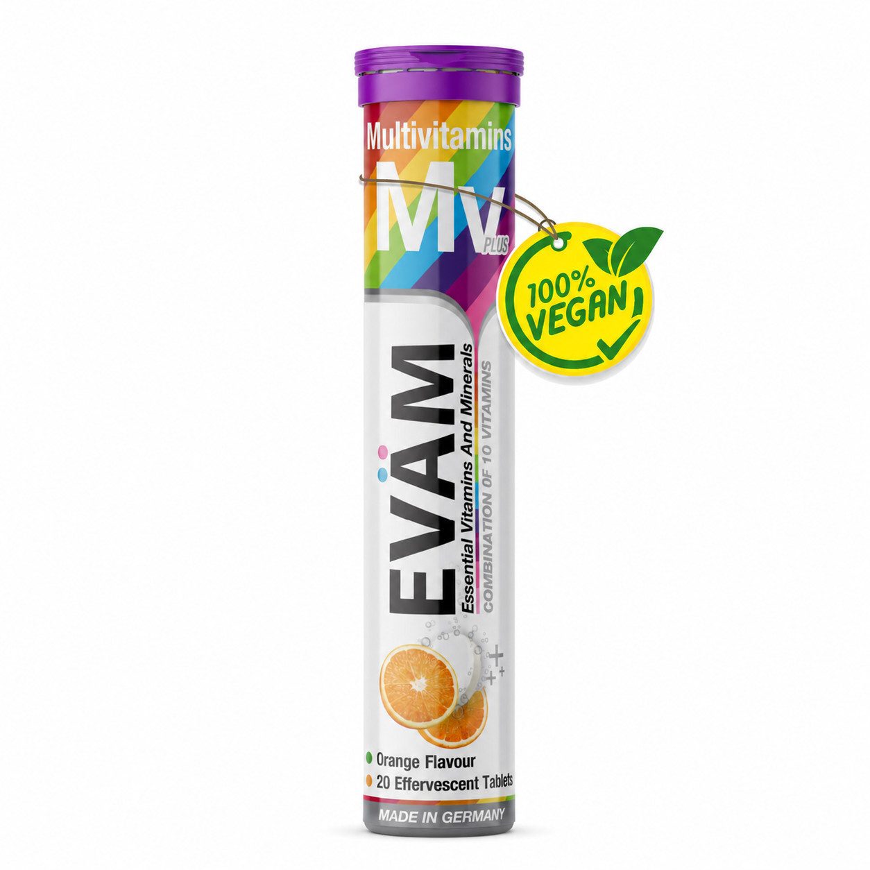 EVÄM Multivitamin Plus – 10 Vitamine in 1 Tablette, orange Brausetabletten, 1 er Rörchen à 20 St., 82 g, vegan und made in Germany
