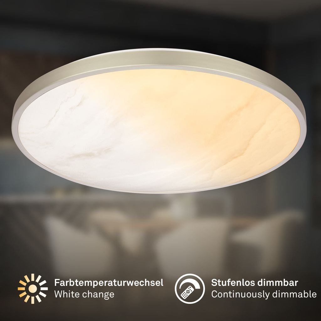 Briloner Leuchten LED Deckenleuchte LED Deckenlampe Fernbedienung Dimmbar CCT Alabaster Design, LED fest integriert, CCT Farbtemperatursteuerung - Warmweiß / Neutralweiß / Kaltweiß, 38x7 cm, Wohnzimmer, Schlafzimmer, Flur, Küche