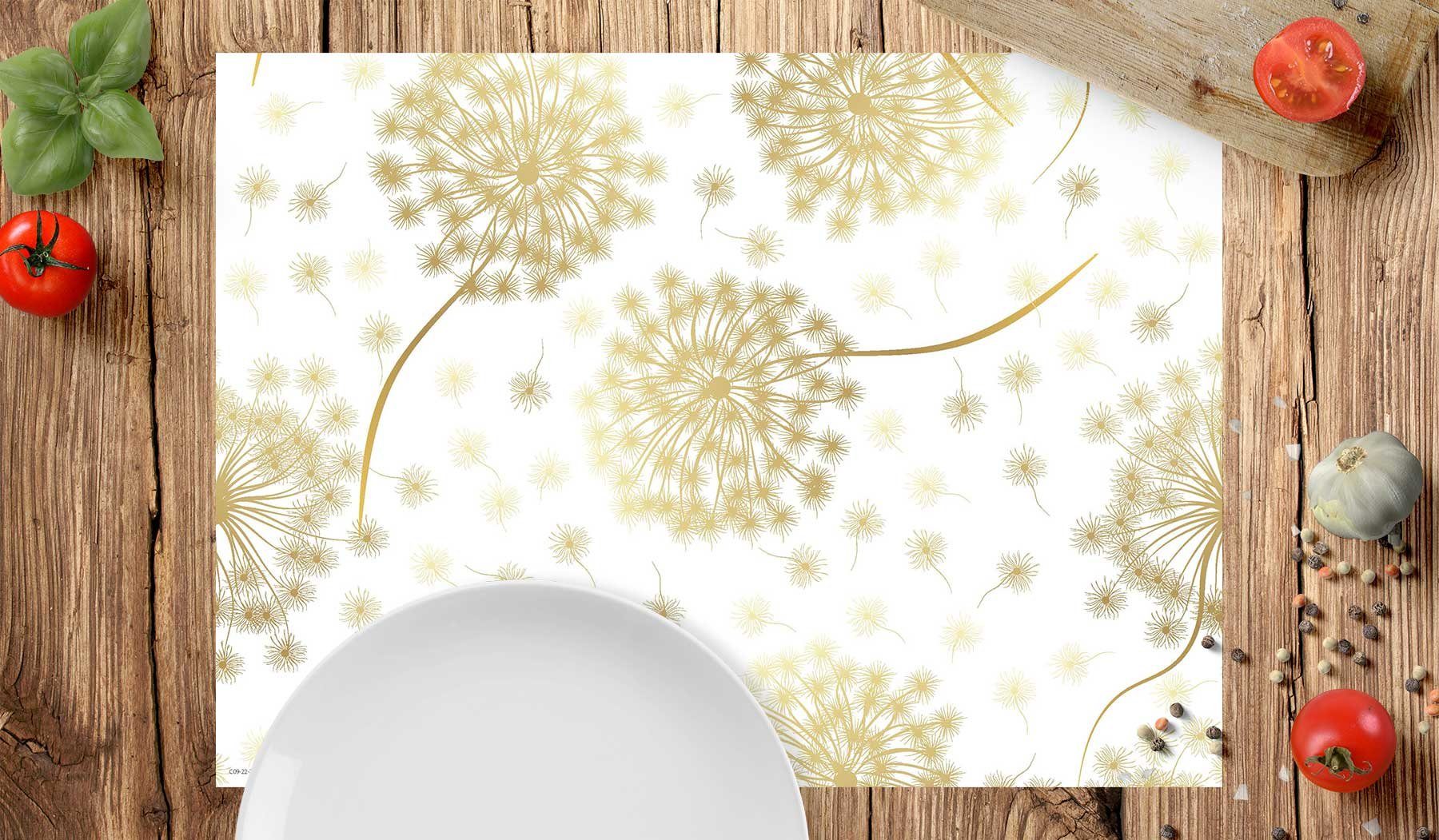 cover-your-desk.de Platzset Tischset, Platzset abwaschbar - Goldene Pusteblume - aus Premium Vinyl (Kunststoff - BPA-frei) - 4 Stück - 44 x 32 cm - rutschfeste Tischdekoration!, (4-St)