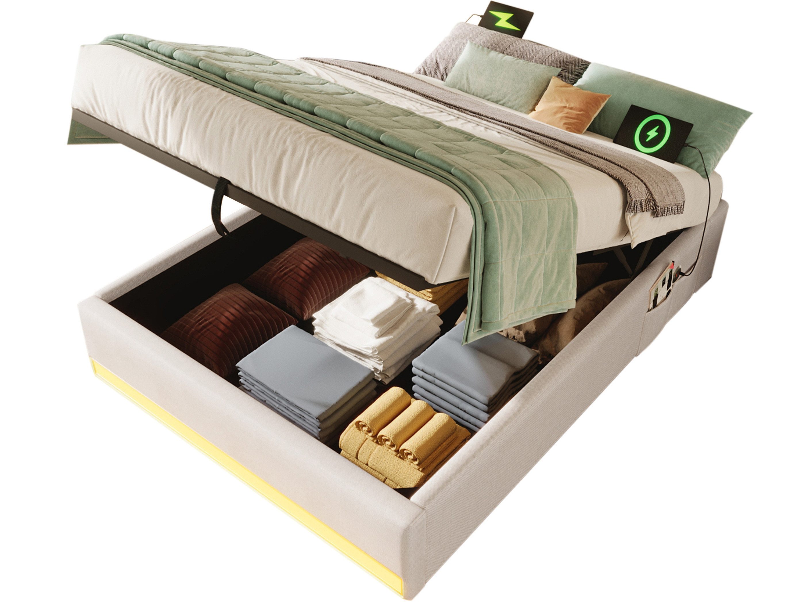 SeedWave Polsterbett Leinenbezug LED Hydraulisches Stauraumbett mit USB&Type-C Ansclüssen, 90×200cm ; 140×200cm Bett mit Seitentaschen, Ohne Kopfteil