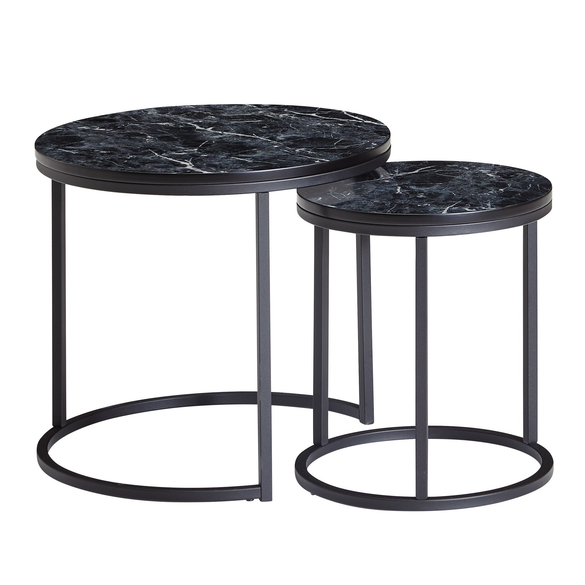 Klein Beistelltisch), Marmor Couchtisch Set (2er Modern Satztisch Rund, Optik WL6.251 Wohnling Schwarz Anstelltisch 2-teilig,