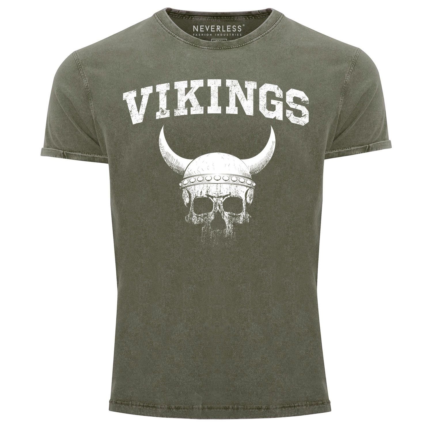 Neverless Print-Shirt Herren Vintage Shirt Wikinger-Helm Skull Totenkopf Printshirt T-Shirt Aufdruck Used Look Slim Fit Neverless® mit Print oliv