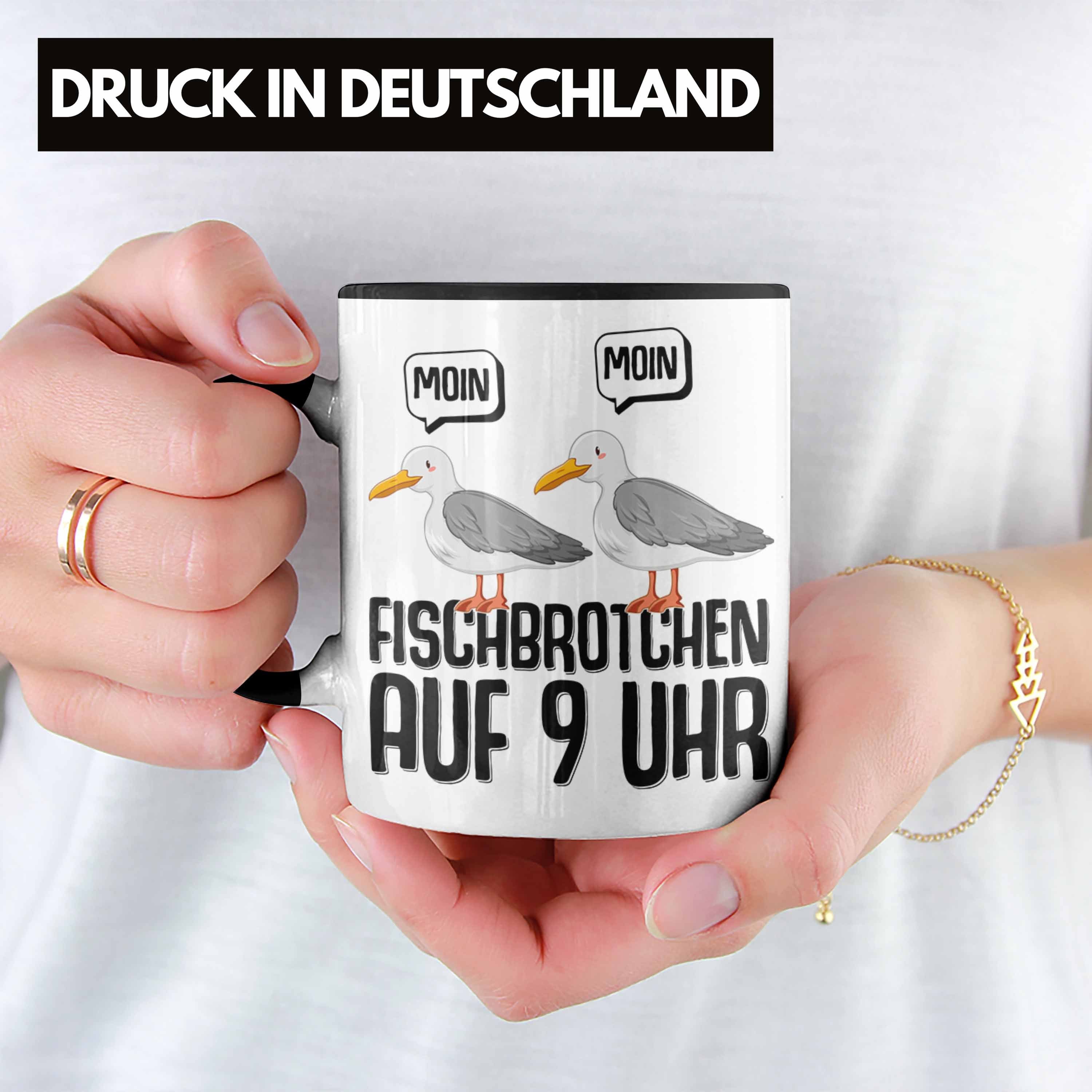 Trendation Tasse Trendation Möwen Tasse - 9 Norddeutsch Geschenk Fischbrötchen Plattdeutsch Moin Uhr Auf Schwarz Norden