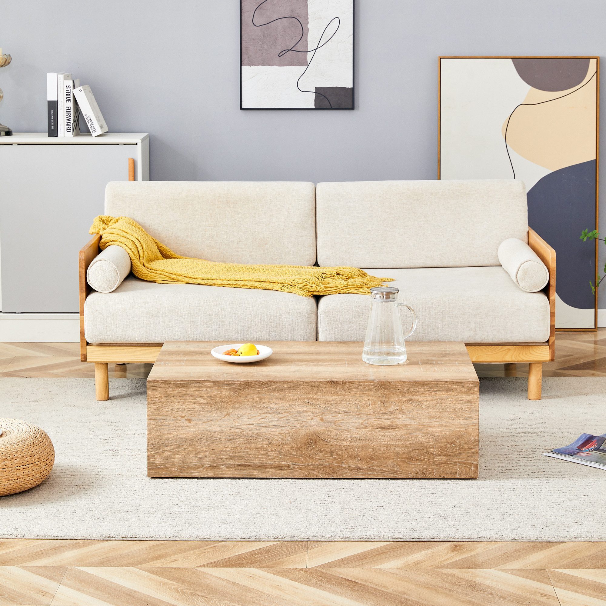 gopop Wohnzimmertisch Rechteckig ohne Aufbauaufwand mit rutschfesten Füßen (1-St), Stabiler MDF-Gestell mit holzimitierender Textur 90×50×30cm